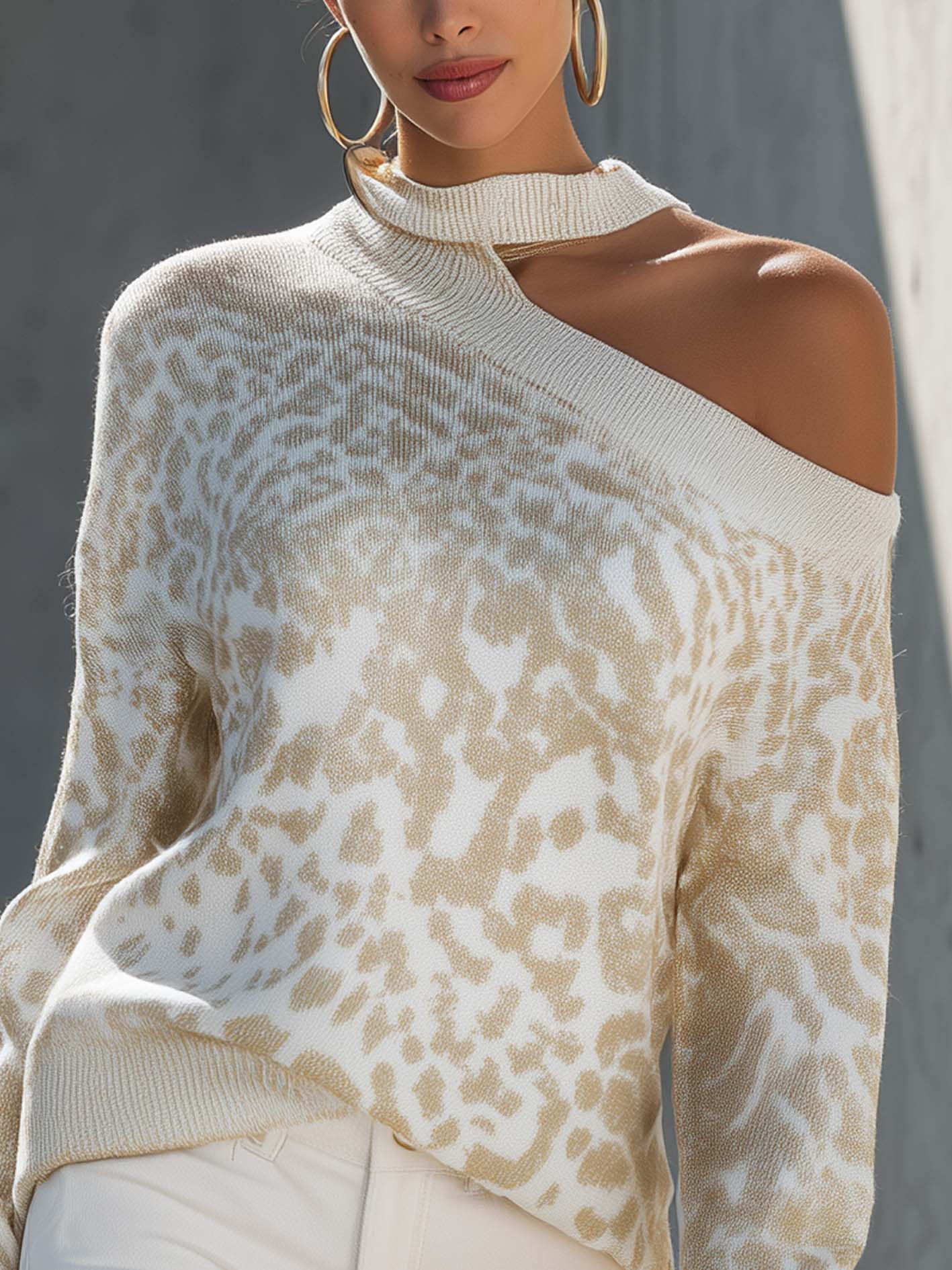 Light Gold Leopard Cold Shoulder Knit Sweater