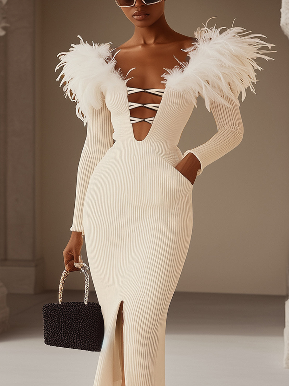 Ribbed Maxi Dress With Feathered Shoulders And Lace-Up Detail