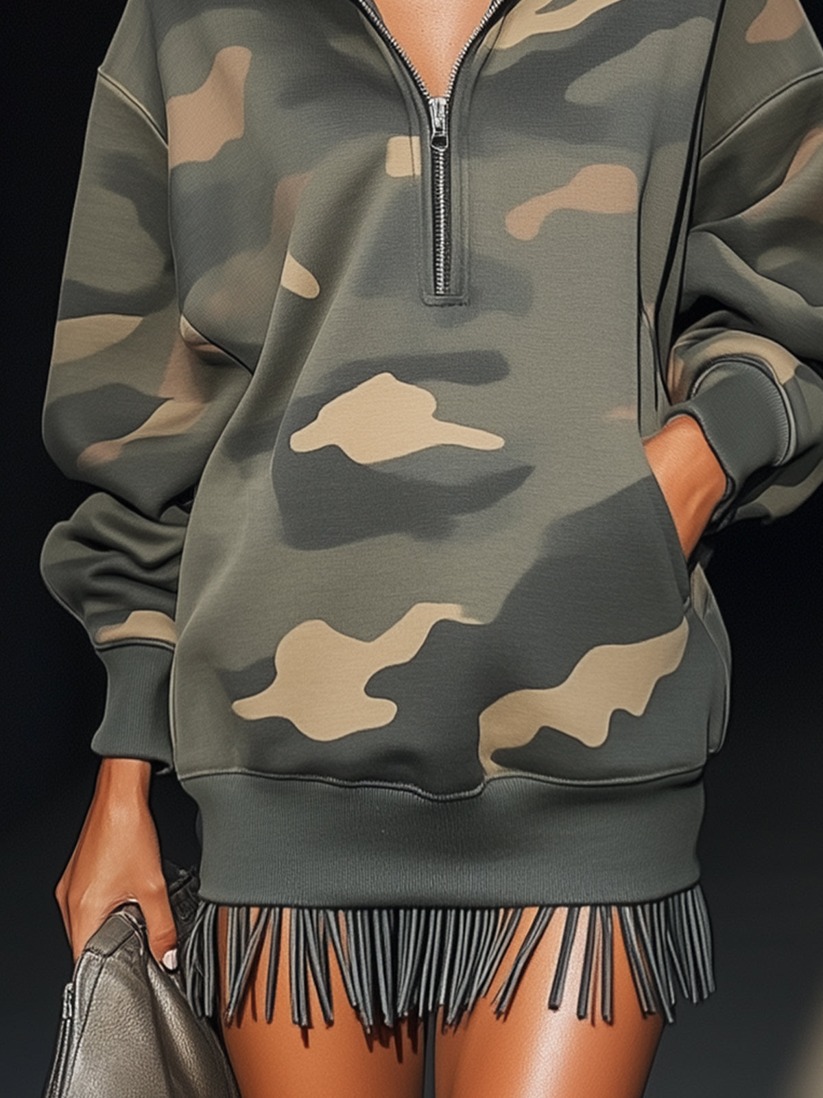 Camouflage Print Sweatshirt Dress With Fringe Hem