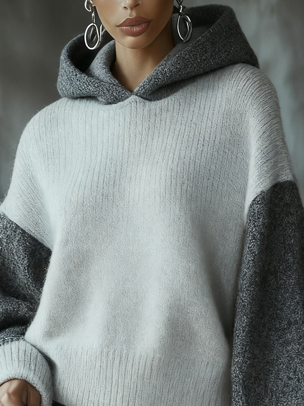 Two-Tone Knit Hoodie With Oversized Sleeves