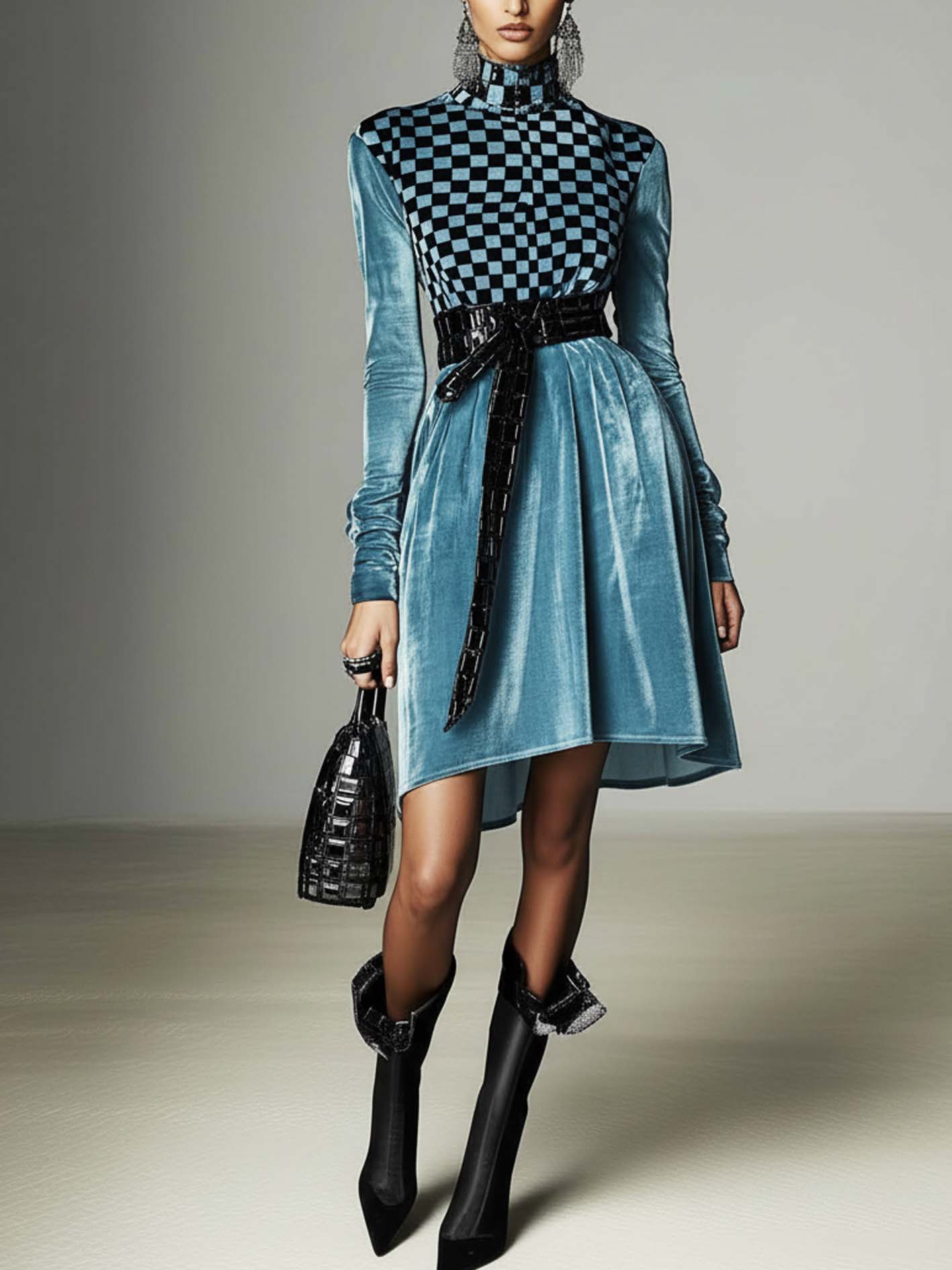 Light Blue Velvet Midi Dress With Black Plaid And Belt