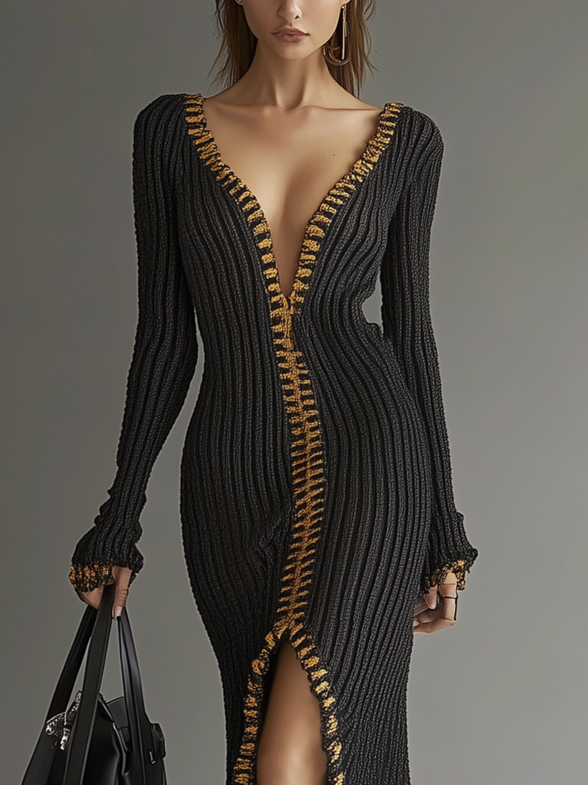 Black Ribbed Knit Maxi Dress With Gold Accent Trim