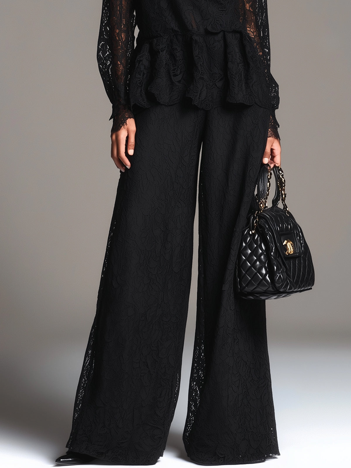 Black Lace Long‑Sleeve Peplum Blouse And Wide‑Leg Pants Set