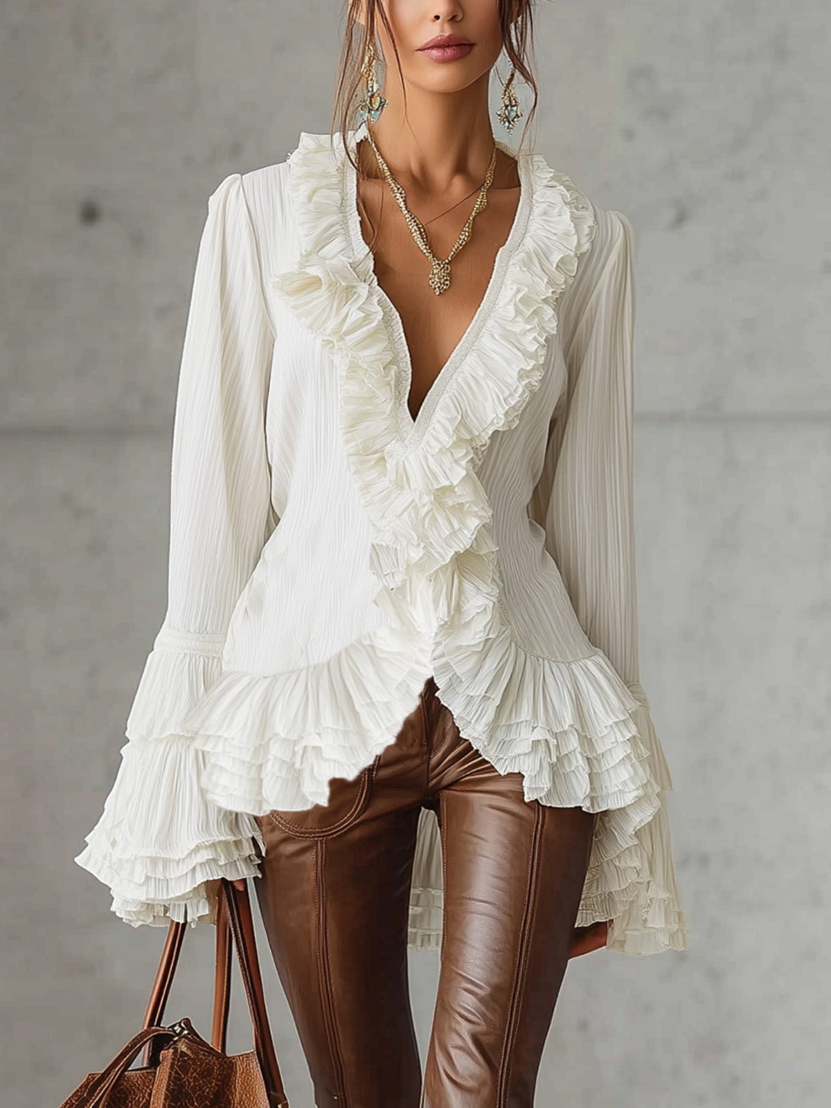 White Ruffled Blouse With Pleated Details And Flared Sleeves