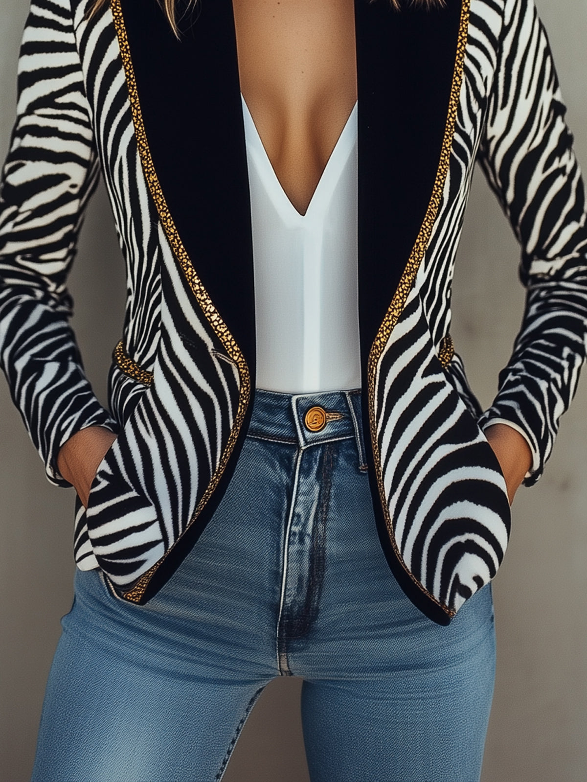 Black And White Zebra Blazer With Gold Trim Lapels
