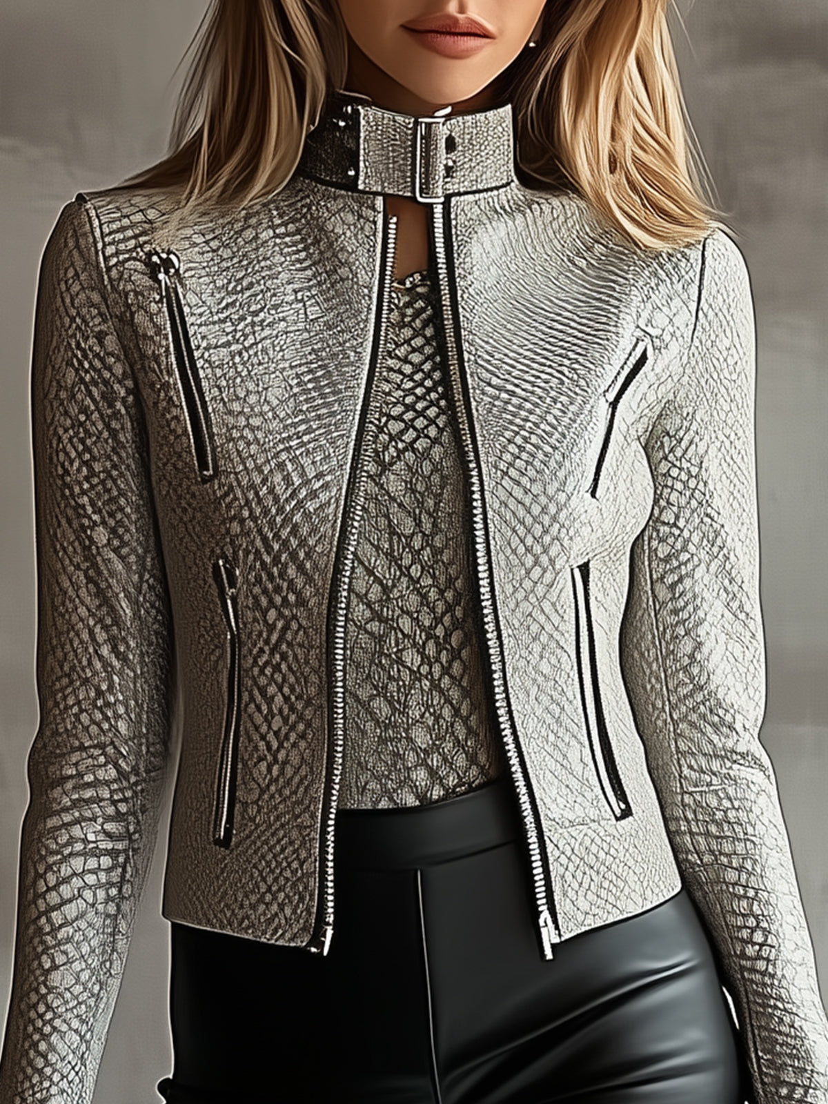 Snakeskin Textured Faux Leather Jacket