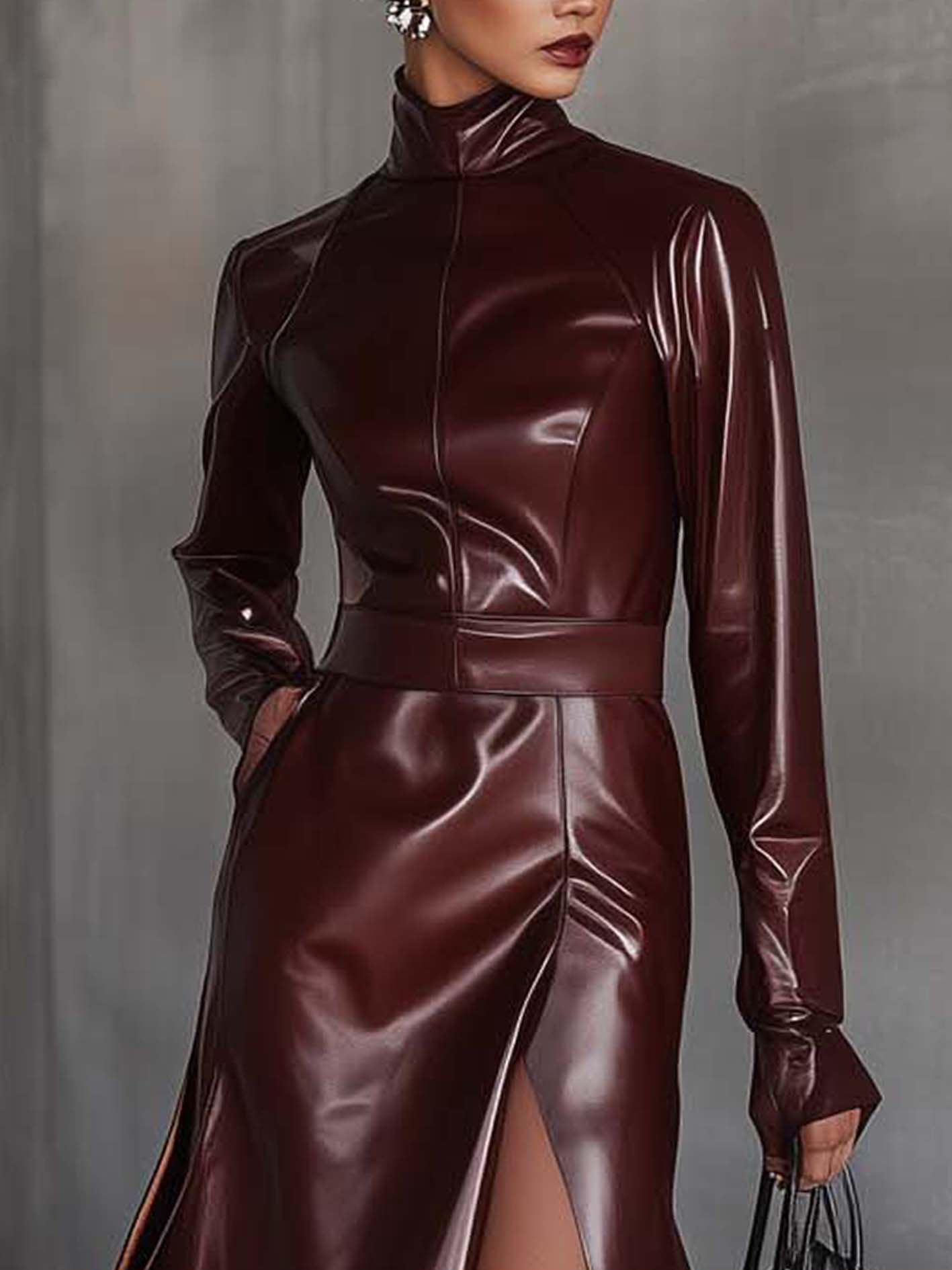 Burgundy Faux Leather Maxi Dress With High Collar And Side Slits