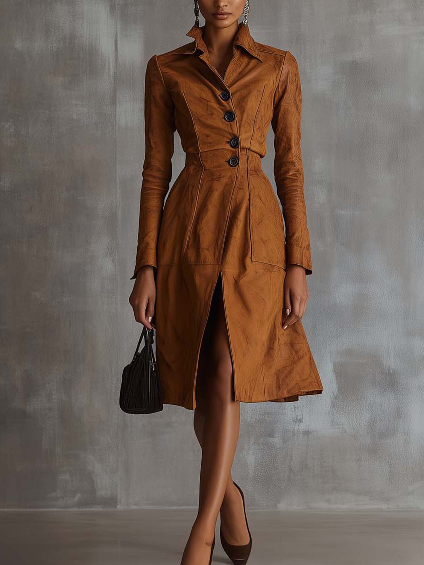 Retro Brown Faux Suede Midi Dress With Front Slit