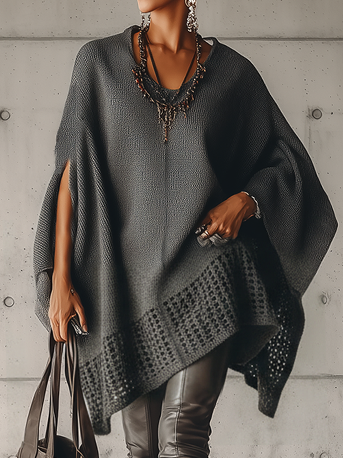 Gray Textured Knit V-Neck Poncho With Open Sides Sweater