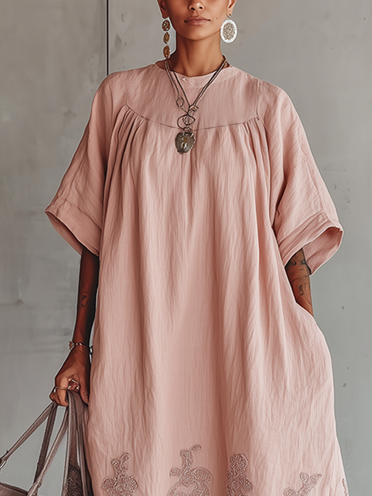 Pink Embroidered Linen Relaxed Midi Dress