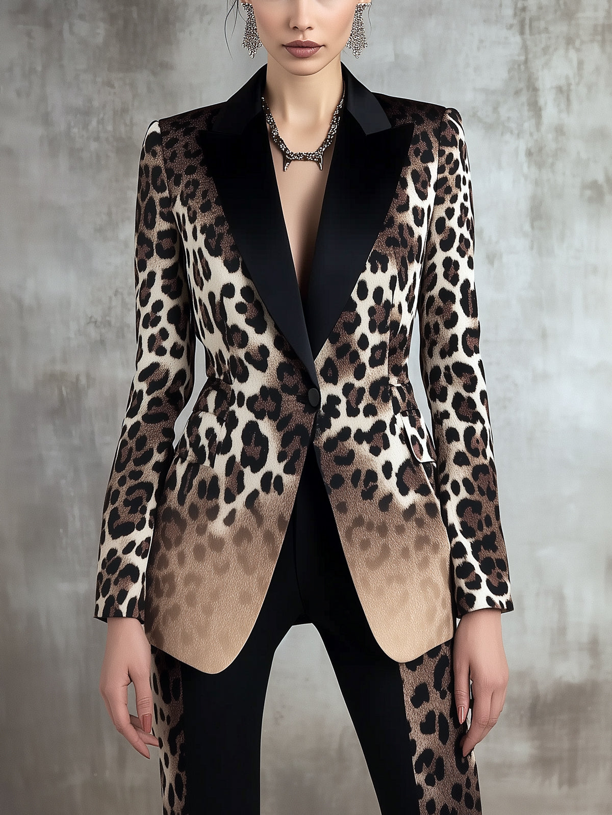 Brown Ombre Leopard Print Slim Fit Lapel Long Sleeve Hip Length Blazer