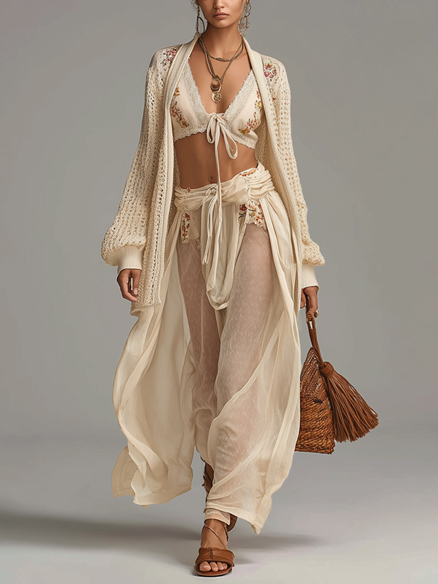 Beige Chiffon And Knit Embroidered Three Piece Set