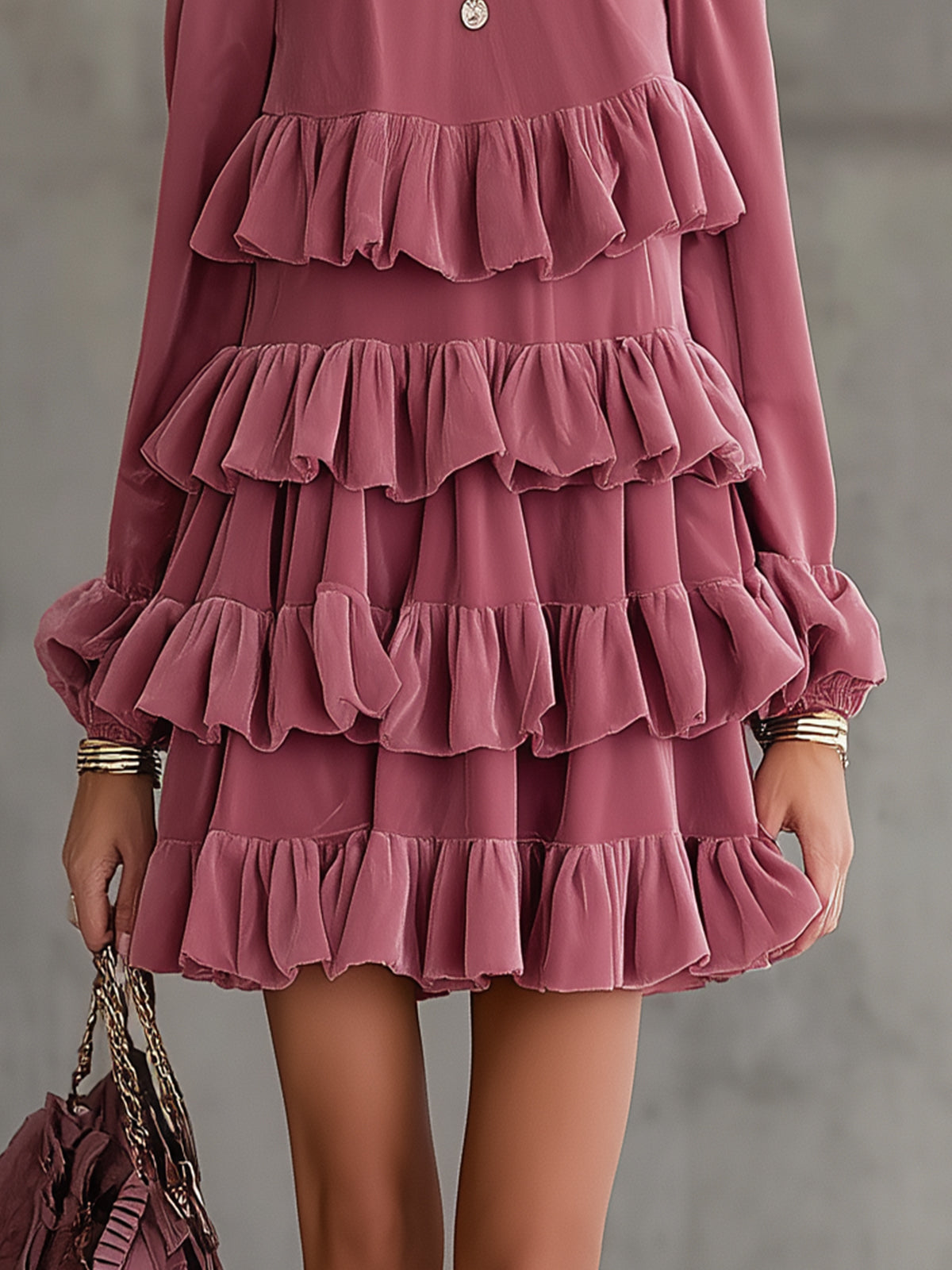 Rose Tiered Ruffle Velvet Mini Dress With Long Sleeves