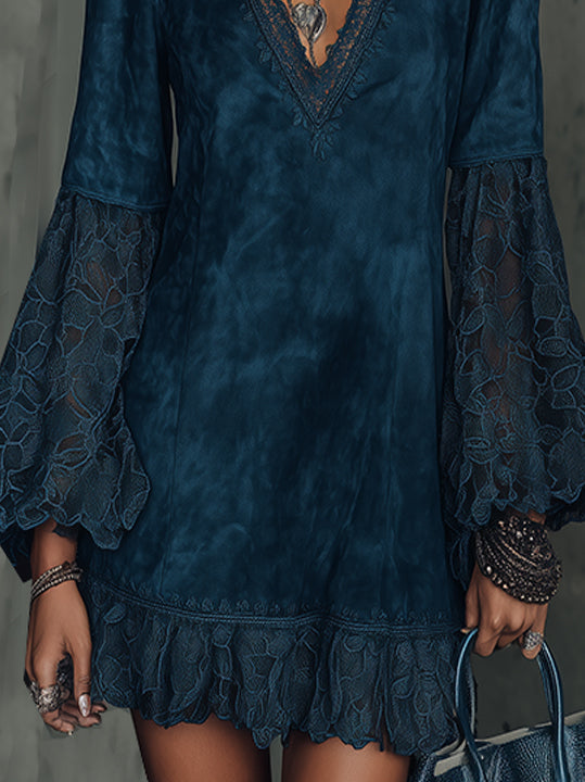 Navy Faux Suede Mini Dress With Lace Bell Sleeves And Scalloped Hem