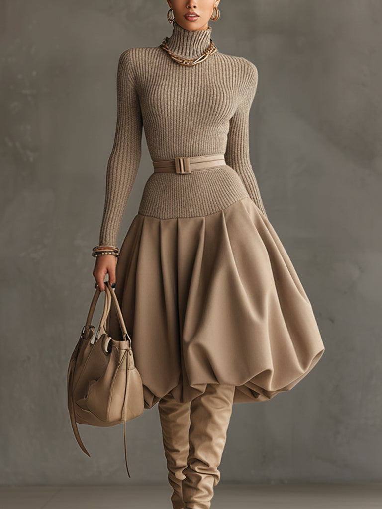 Camel Knit Lantern Long Sleeve Midi Dress With Belt