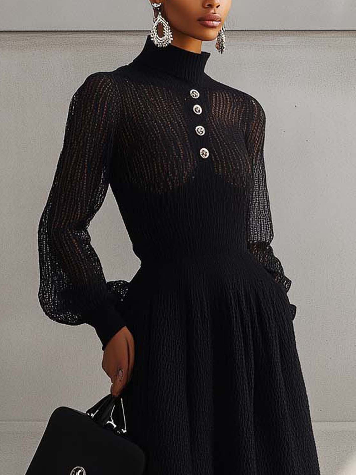 High Collar Black Lace Midi Dress With Silver Buttons