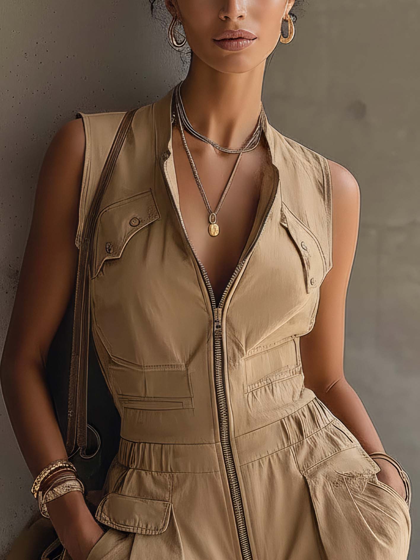 Khaki Zipper Front Sleeveless Utility Mini Dress With Pockets