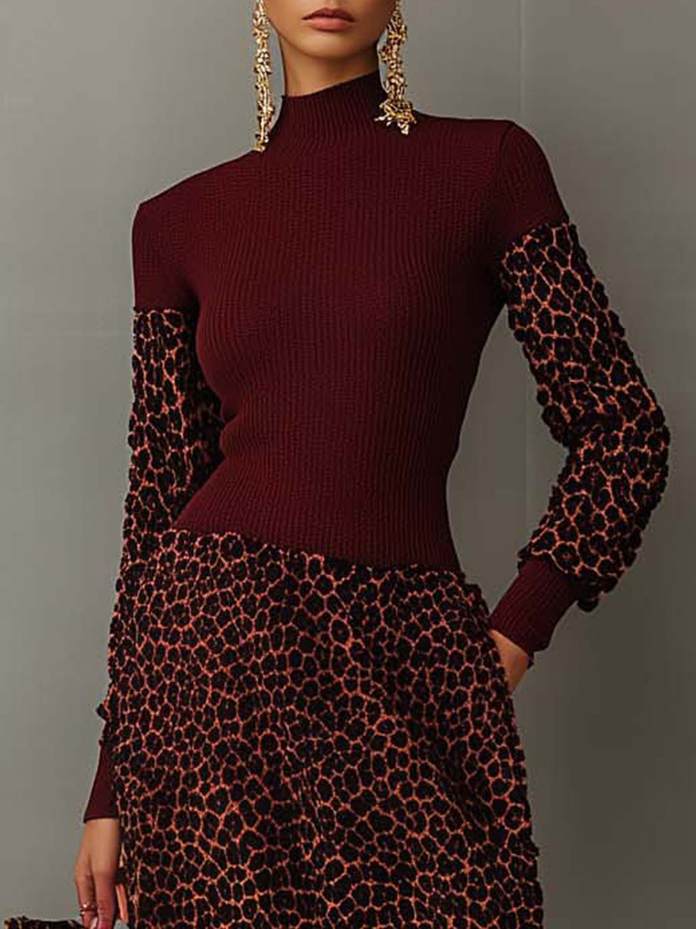 Burgundy Knitted Midi Dress With Leopard Print And Tassels
