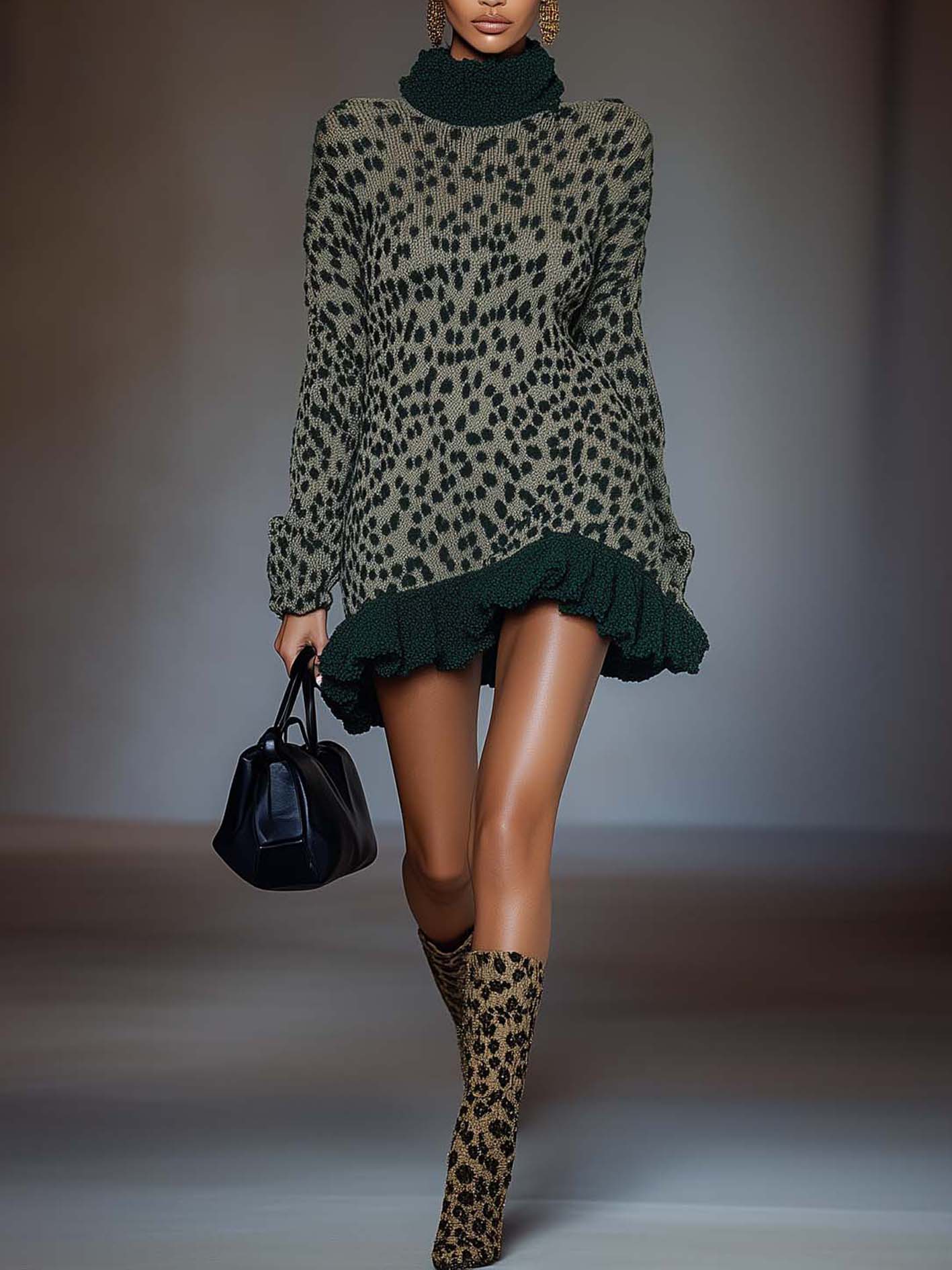 Green Knitted Mini Dress With Polka Dot Patchwork Ruffles