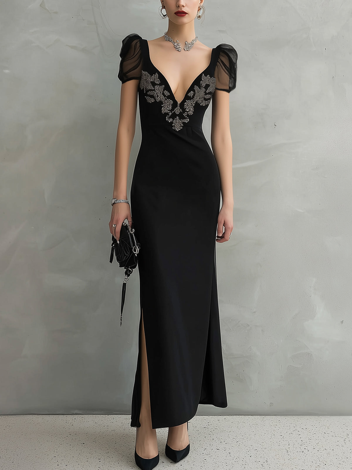 Black Embroidered Puff Sleeve V-Neck Maxi Dress