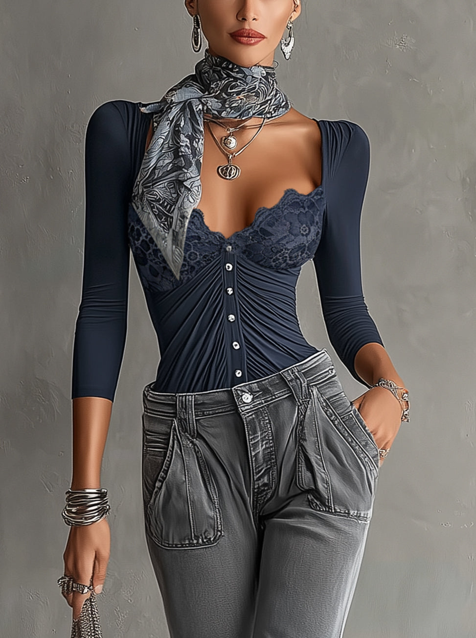 Navy Lace-Trim Ruched Button-Front Long Sleeve Shirt