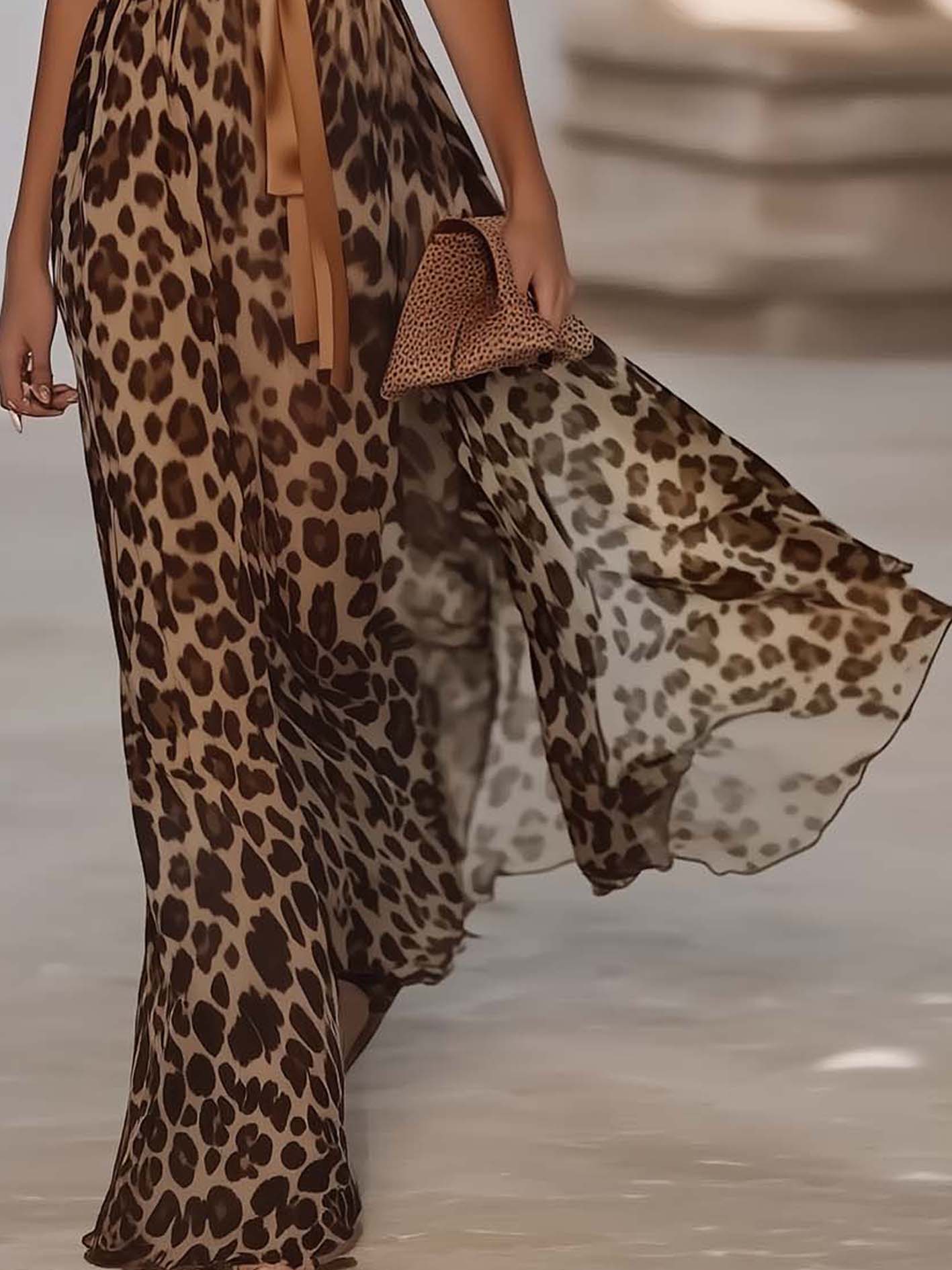 One Shoulder Leopard Chiffon Maxi Dress With Side Slits