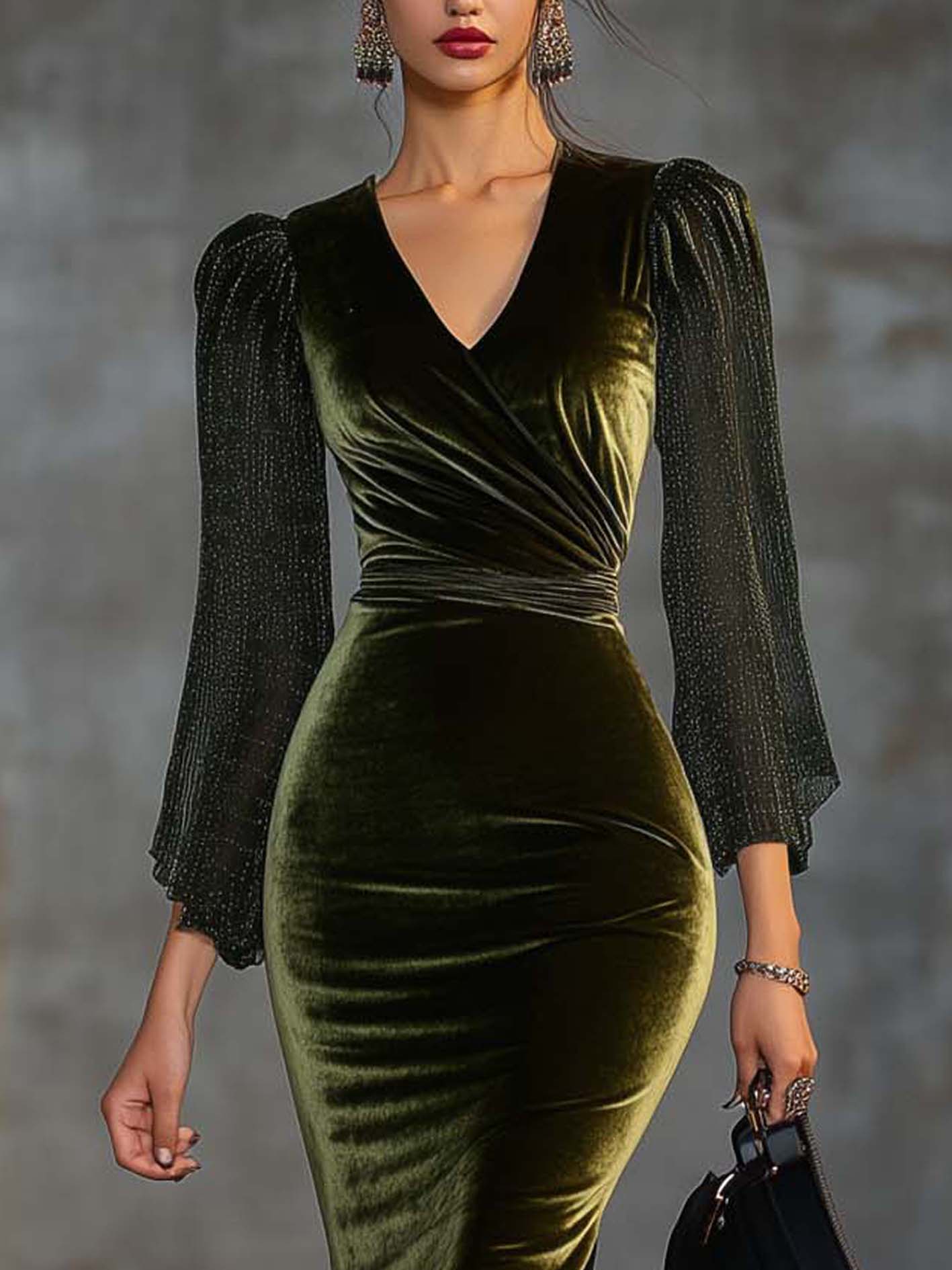 Olive Green Velvet Midi Bodycon Dress With Mesh Sleeves