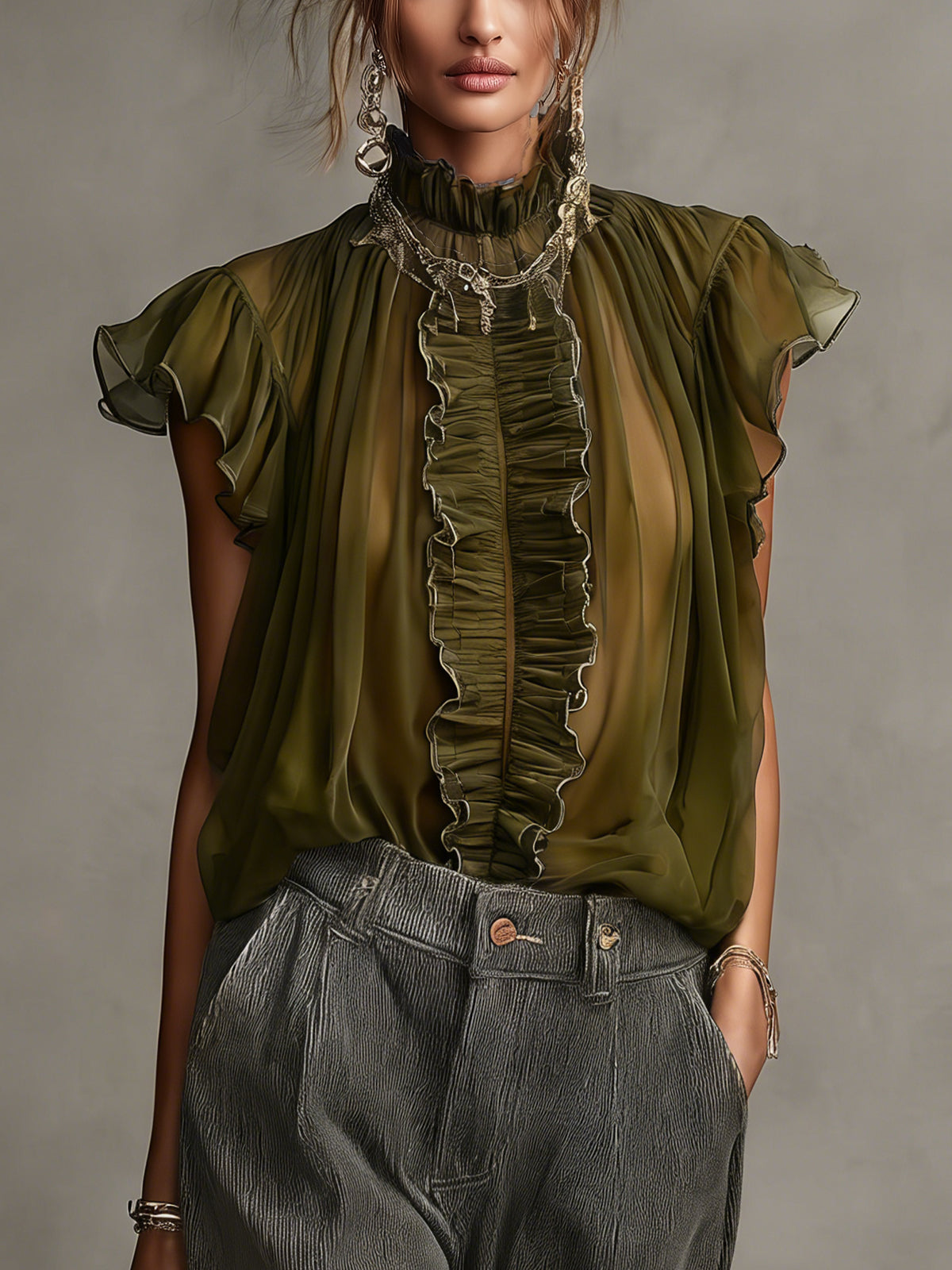 Olive Green Sheer Ruffled High-Neck Blouse
