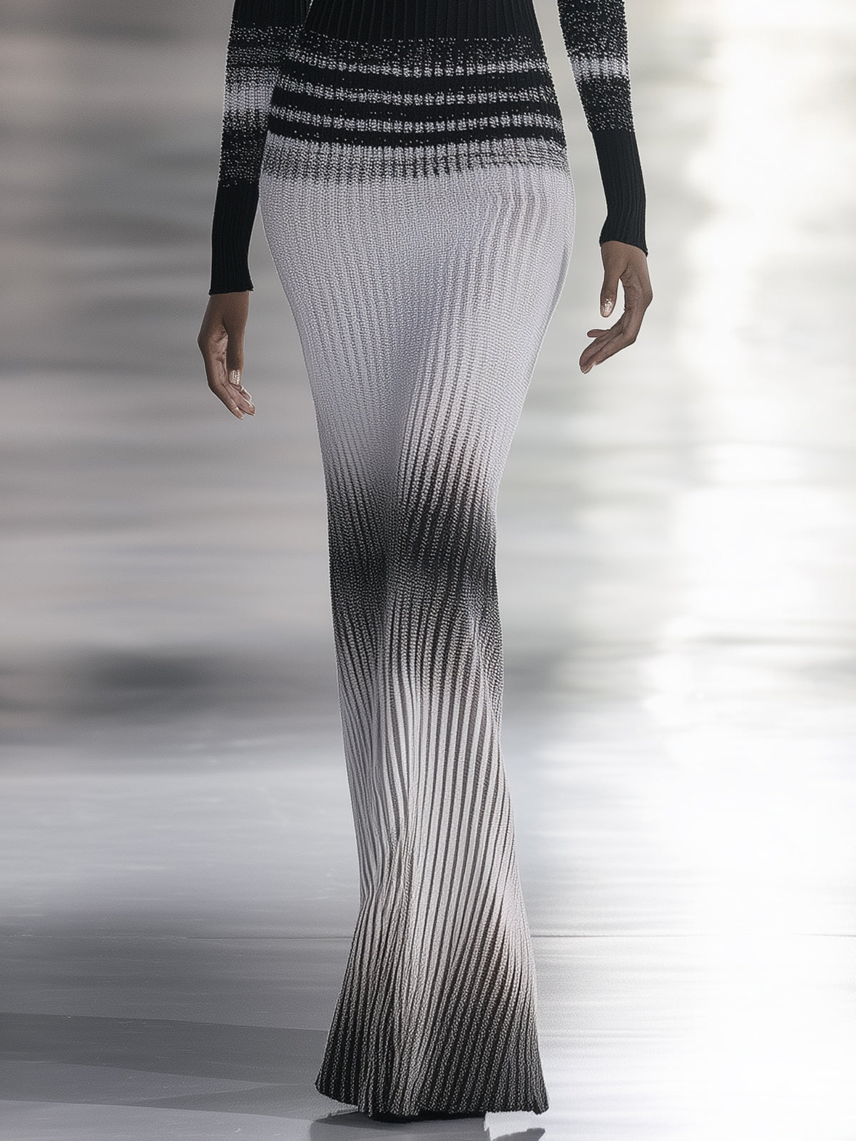 Black And White Ribbed Gradient Effect Metallic Turtleneck Long Sleeve Maxi Dress