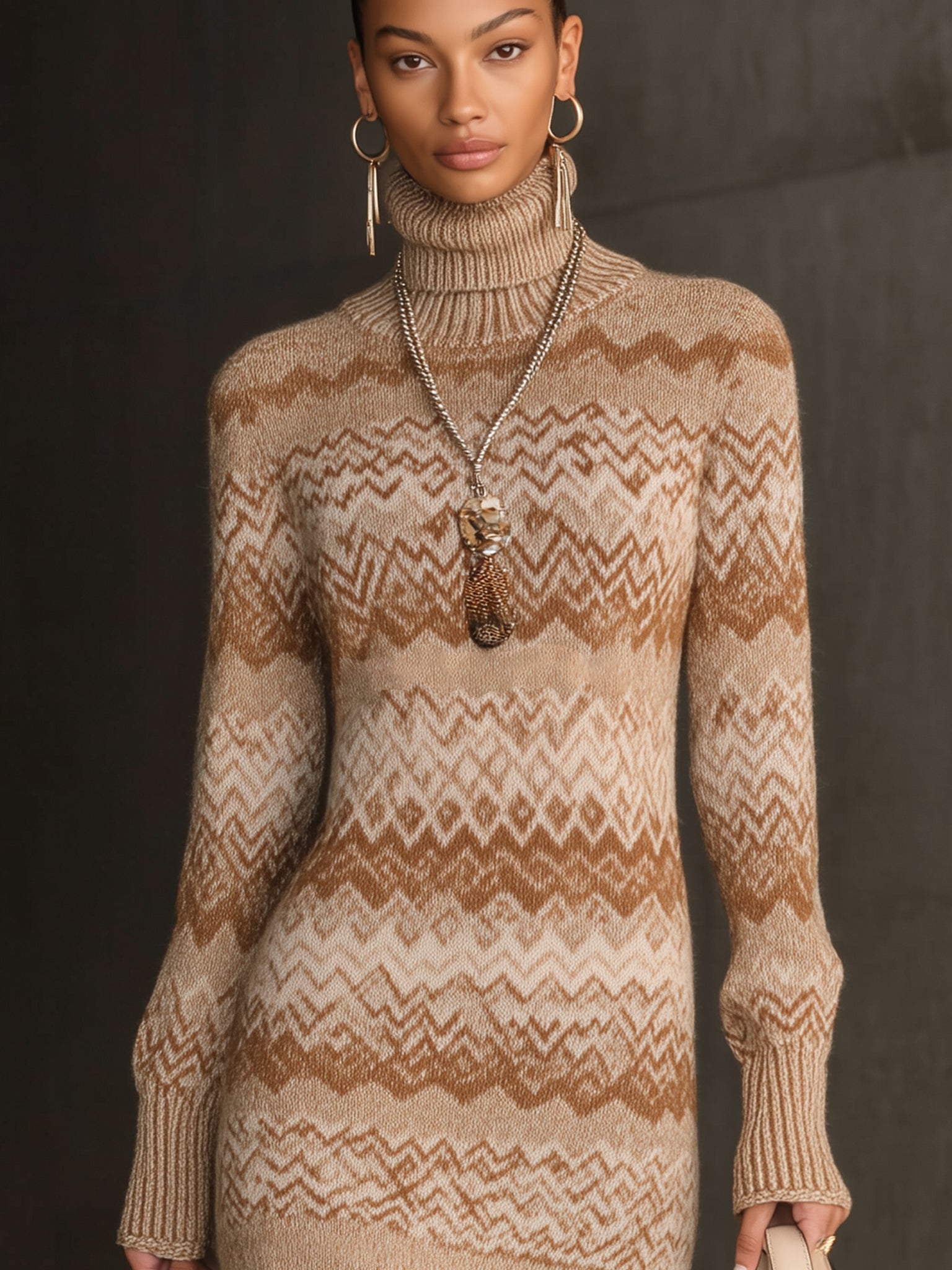 Beige Fair Isle Fringe Turtleneck Knit Long Sleeve Mini Dress