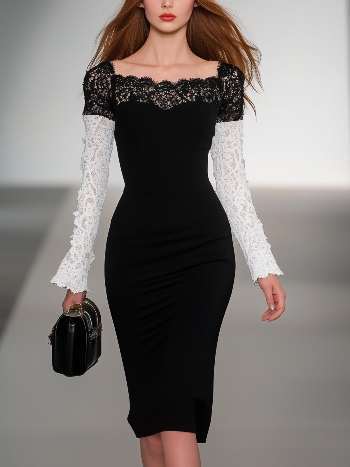 Black Sheath Dress With Contrasting Lace Sleeves And Neckline