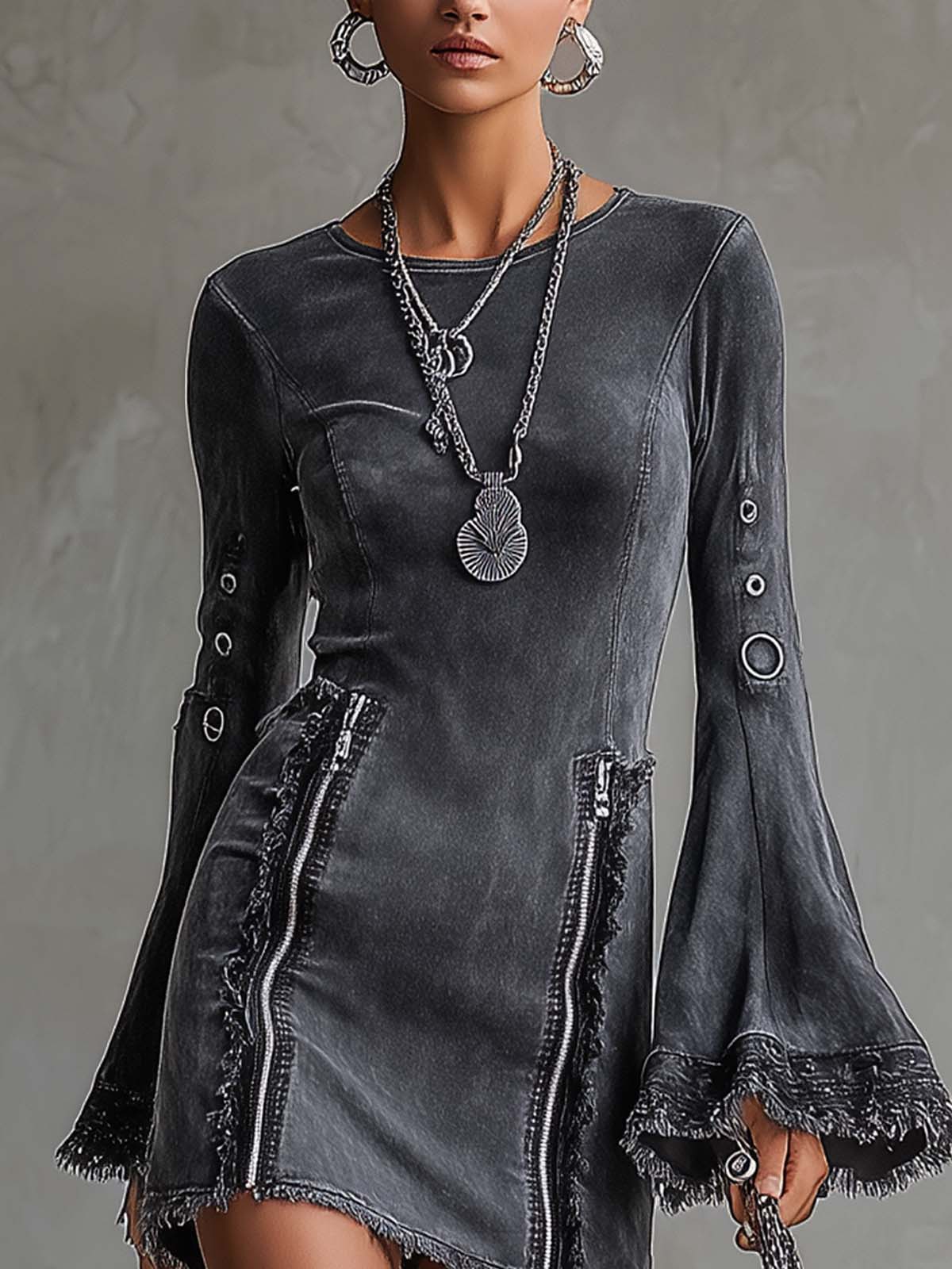 Grey Denim Brushed Bell Sleeve Zipper Mini Dress