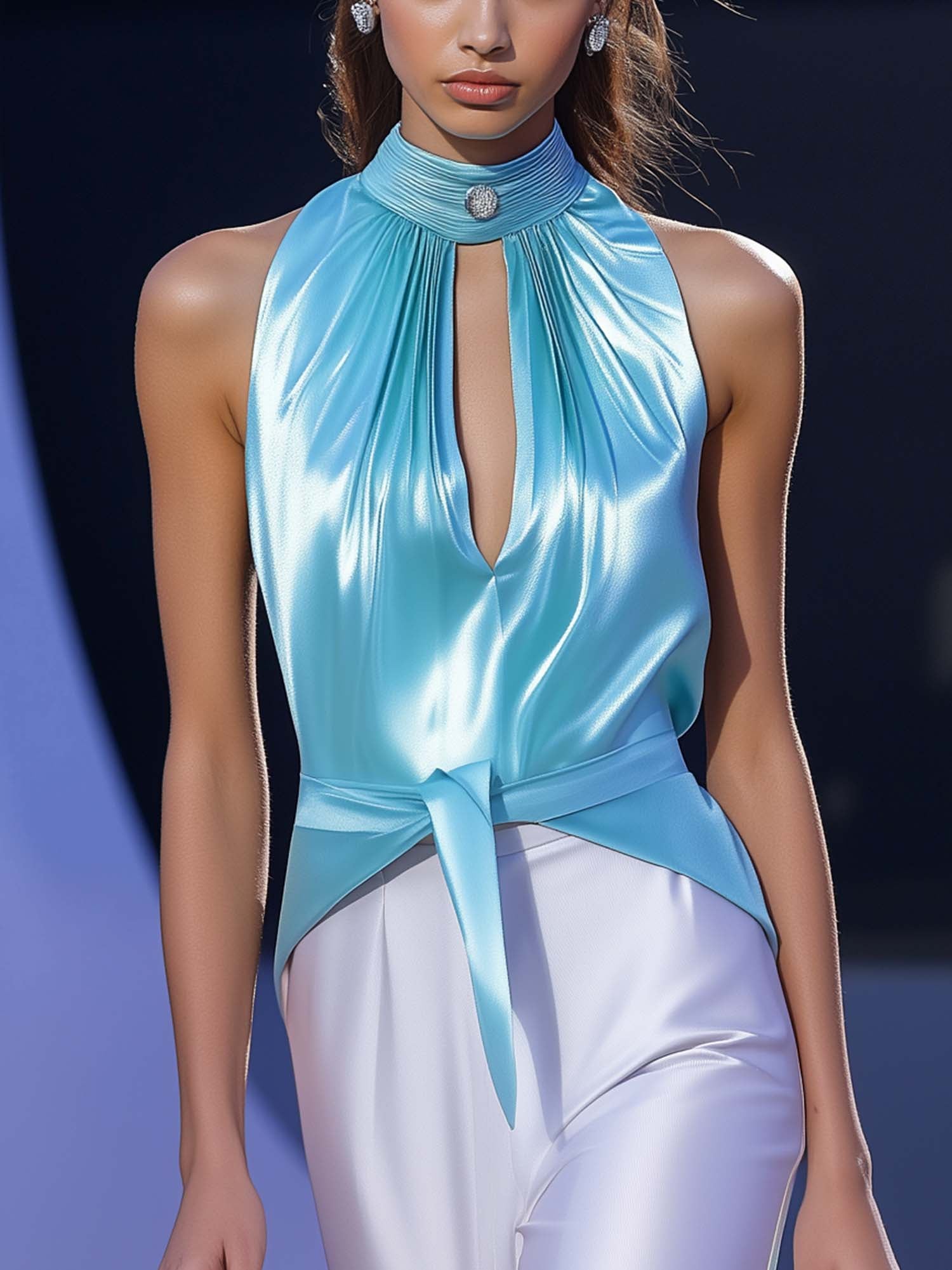 Sky Blue Satin Shirt With Stylish Pleats And Waist Tie