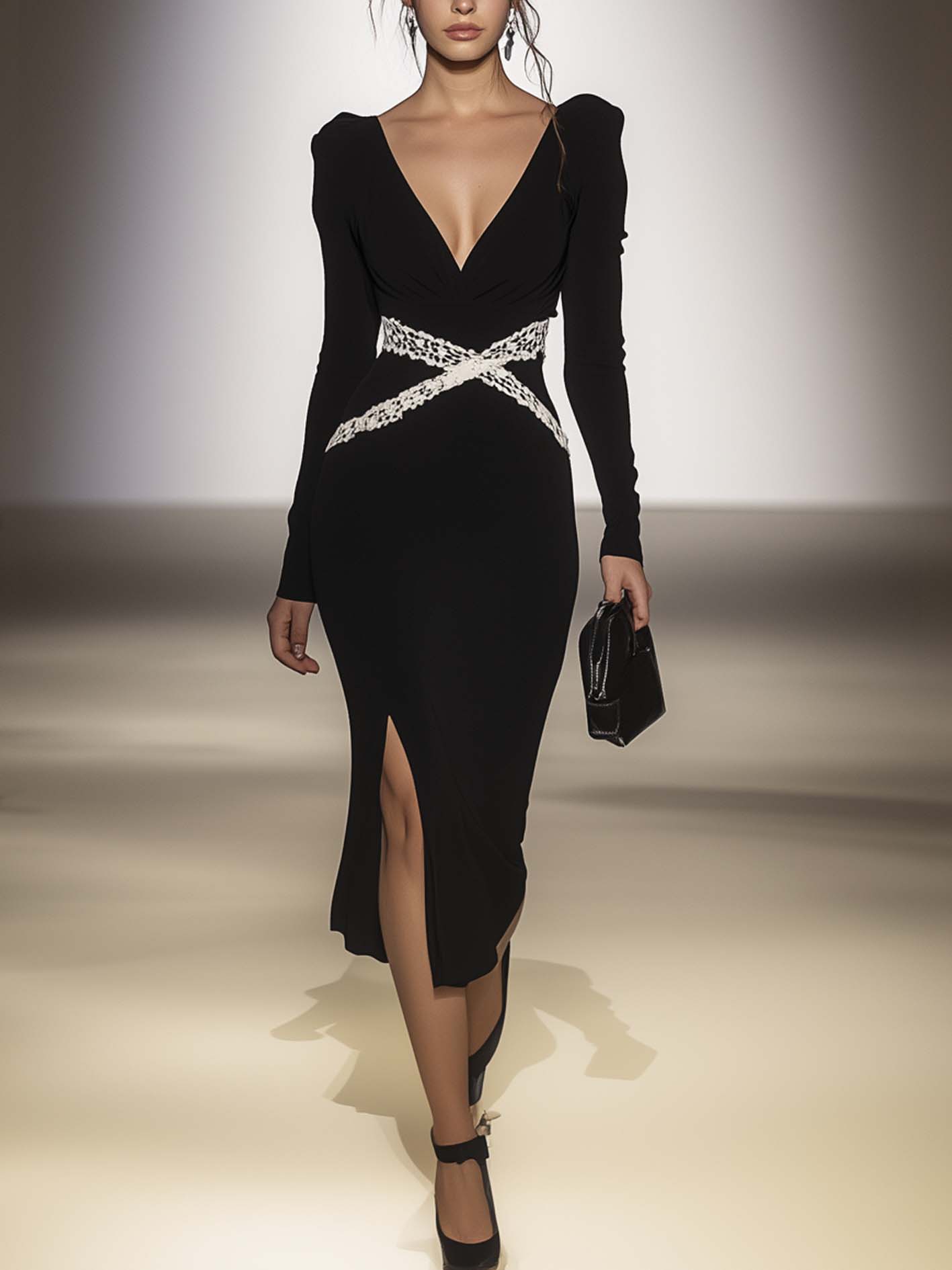 Black Midi Bodycon Dress With White Lace Belt Decoration