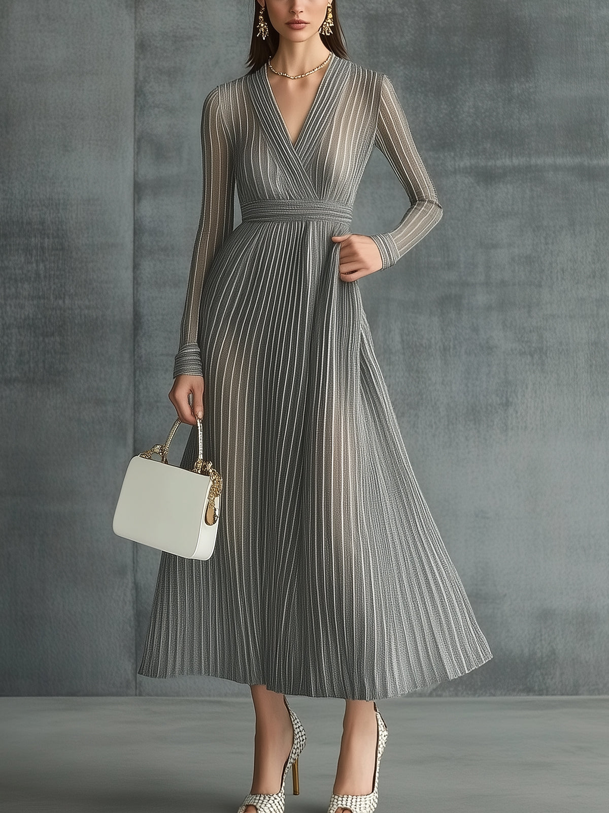 Gray Striped Pleated Wrap V-Neck Long Sleeved Maxi Dress