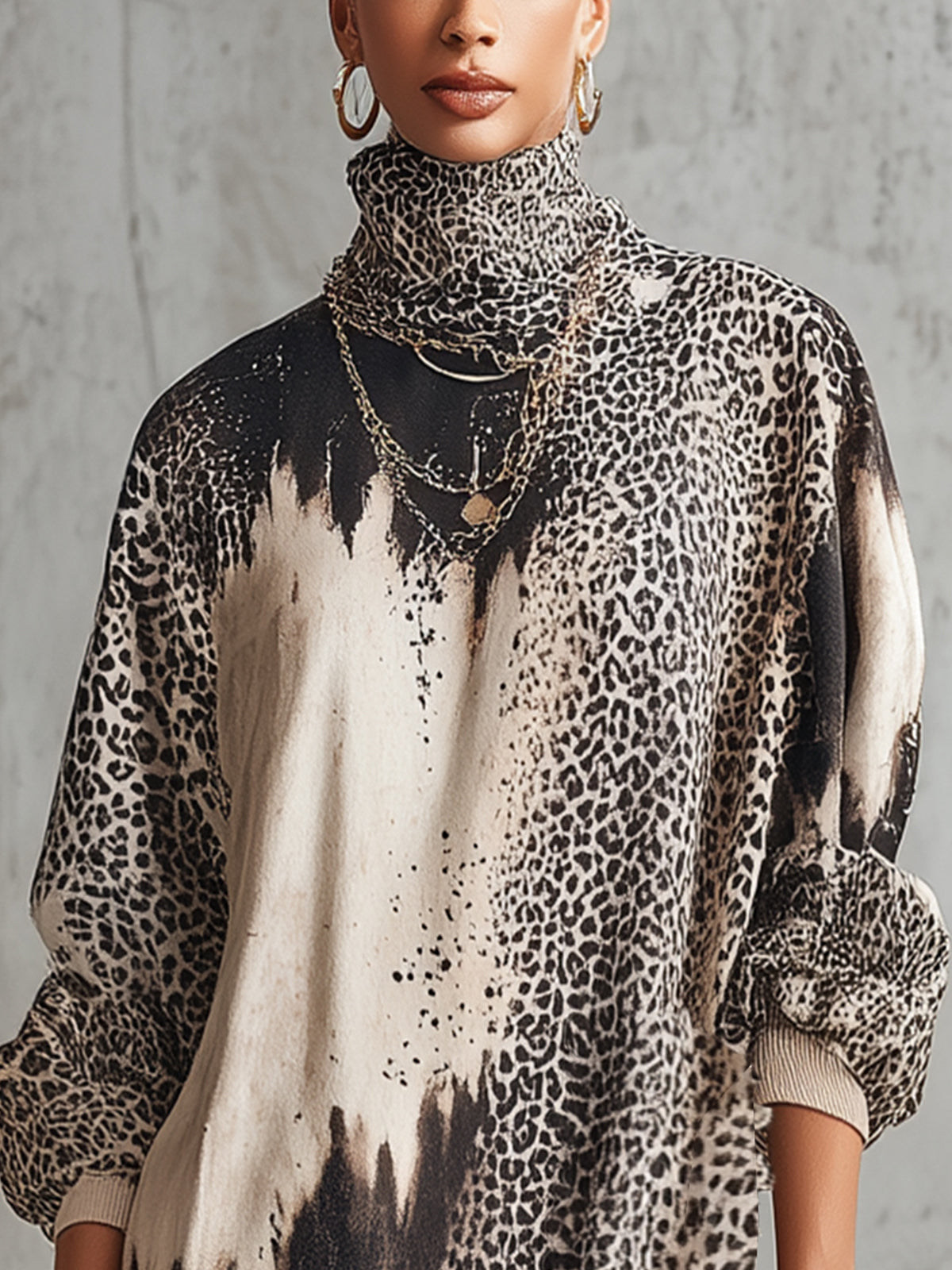 Gray Leopard Print Turtleneck Fringe Hem Faux Suede  Dress