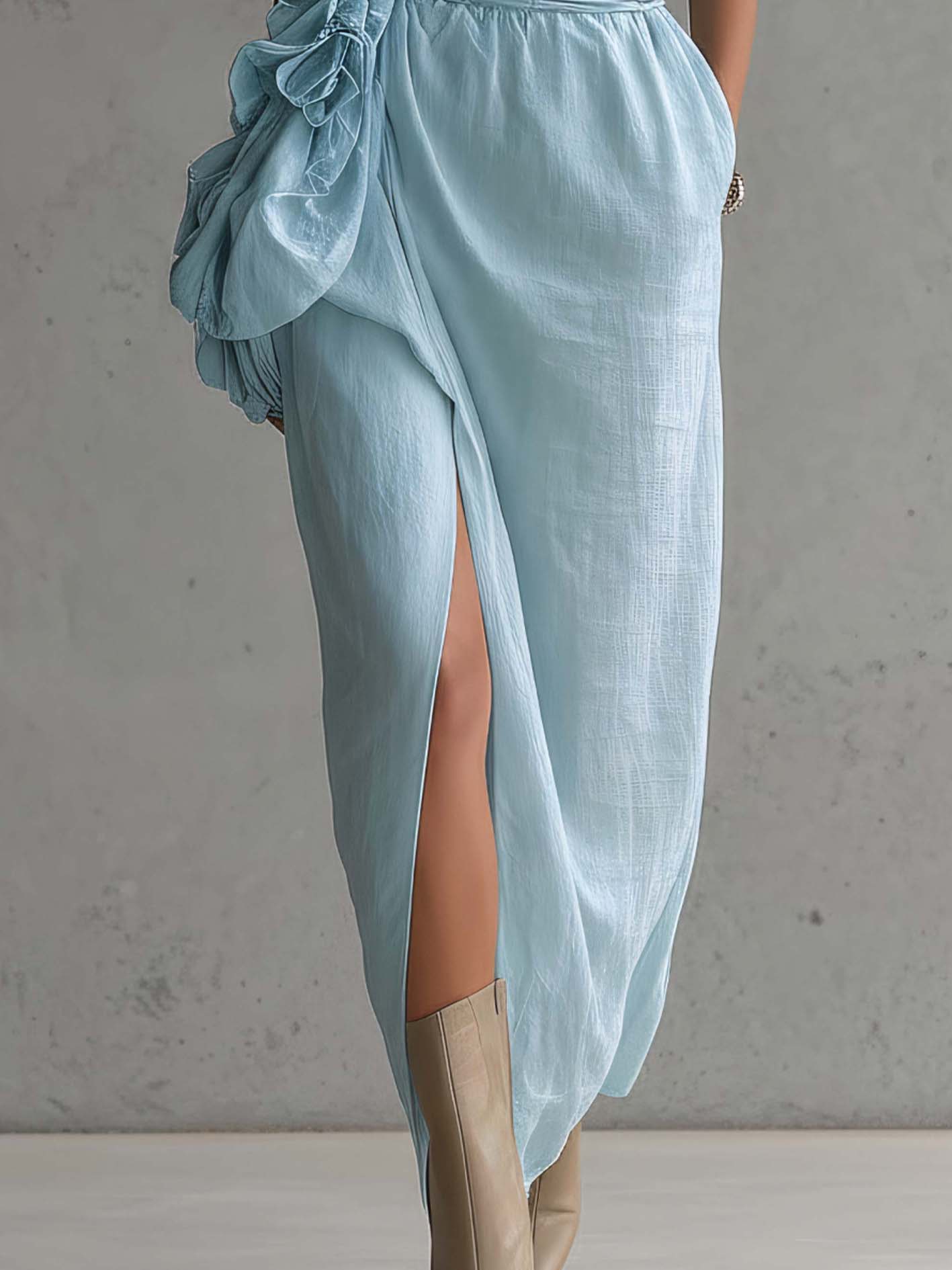 Light Blue Satin Patchwork Linen Off Shoulder Ruched Maxi Dress