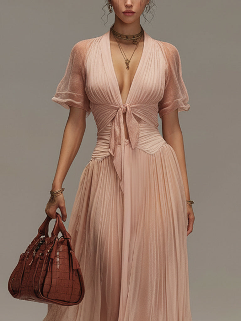 Blush Shimmer Chiffon Tie Front Maxi Dress