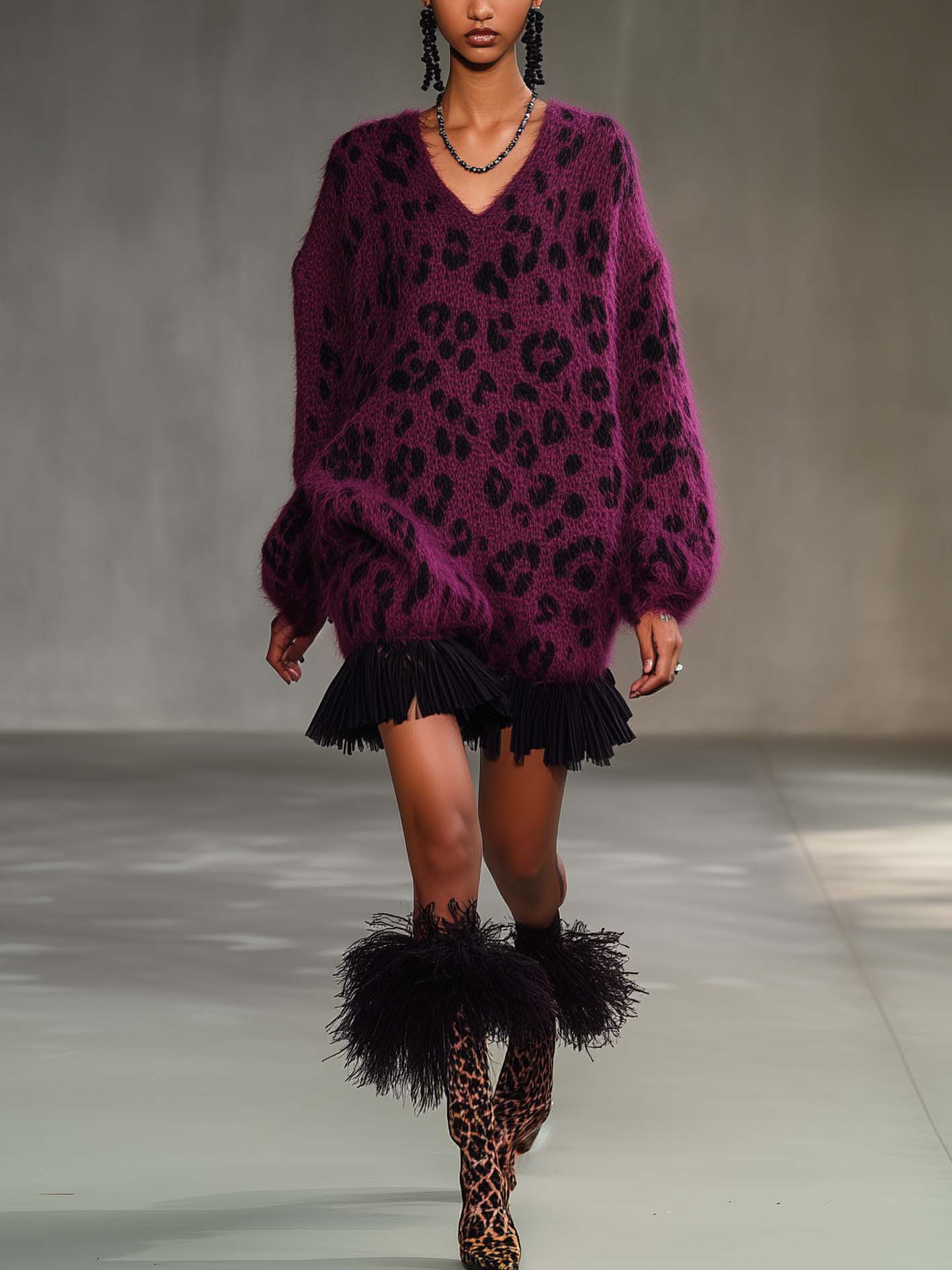 Plush Purple Knitted Mini Dress With Black Leopard Print And Chiffon Ruffles