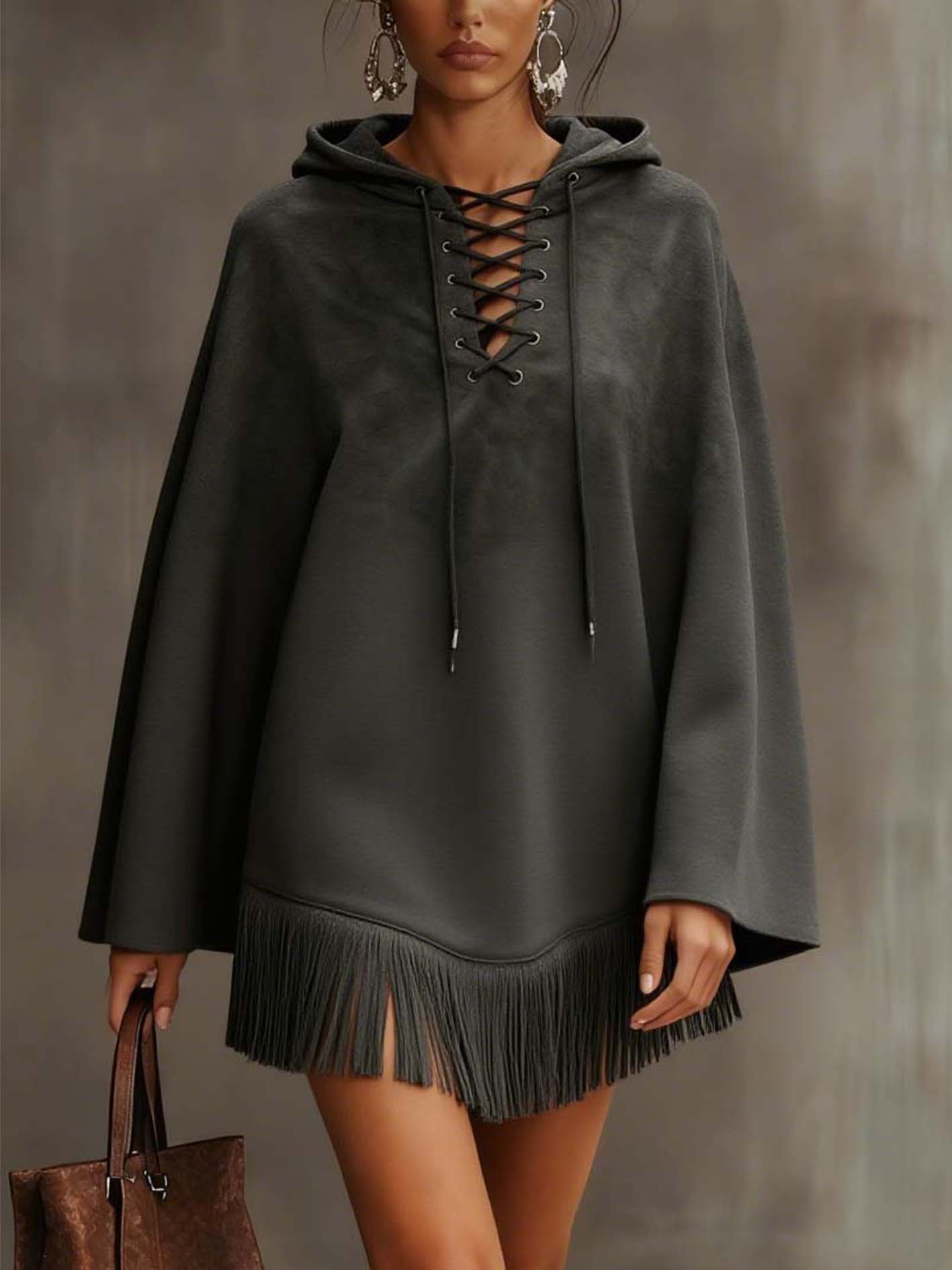 Hooded Charcoal Gray Faux Suede Mini Dress With Tassels
