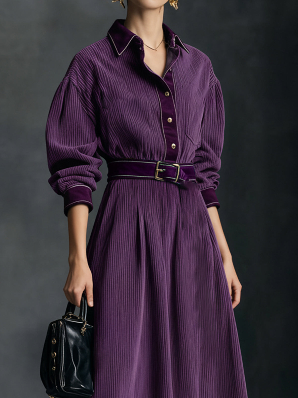 Purple Corduroy Belted Midi Dress