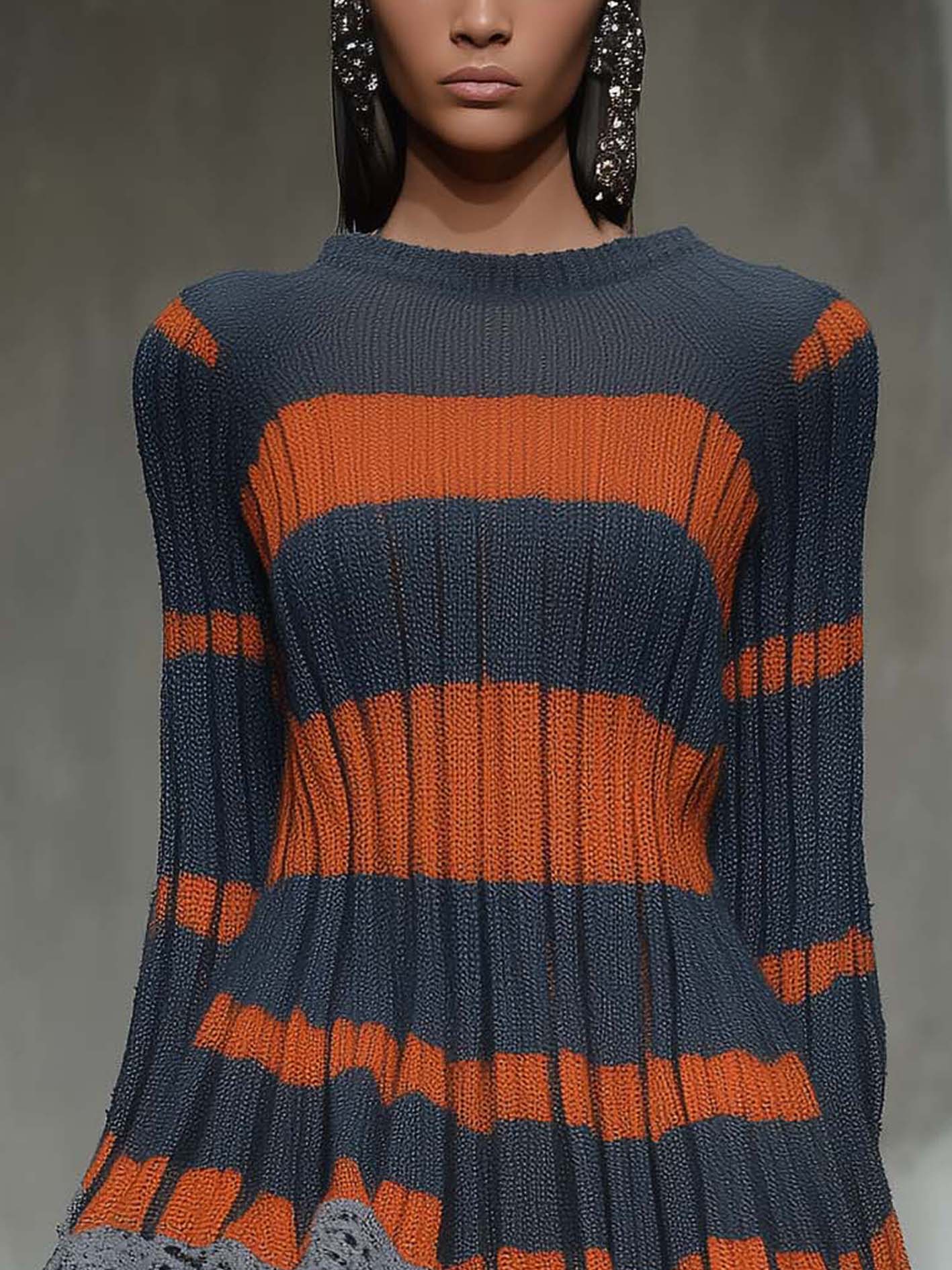 Gray Knitted Mini Dress With Lace And Orange Blocks