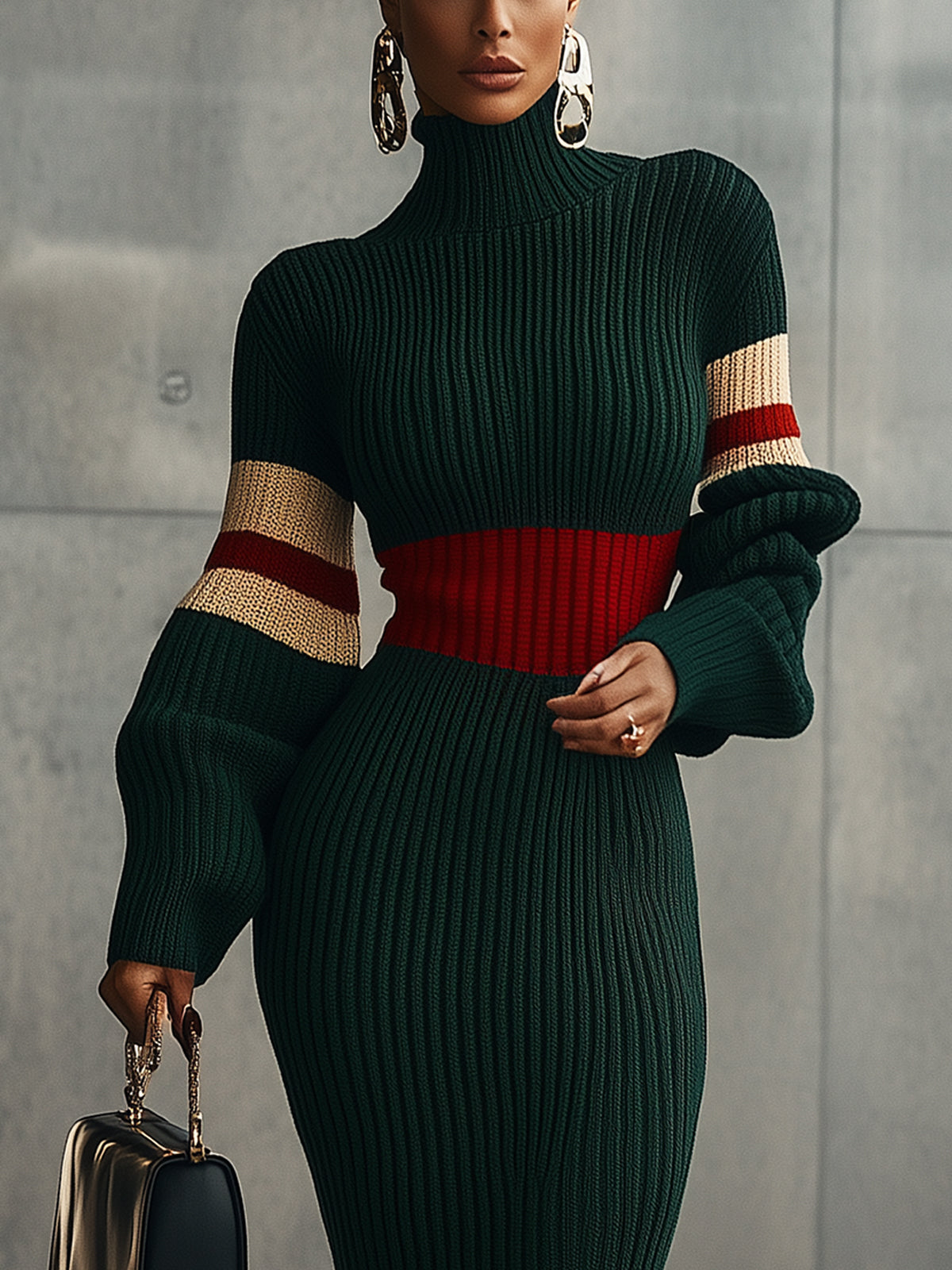 Green Chic Ribbed Turtleneck Knit Midi Dress
