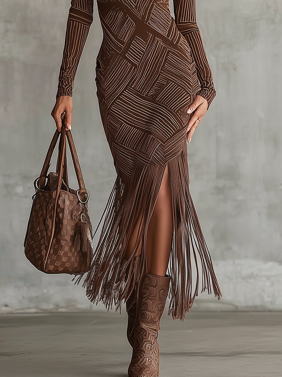 Brown Geometric Midi Dress With Fringe Hem
