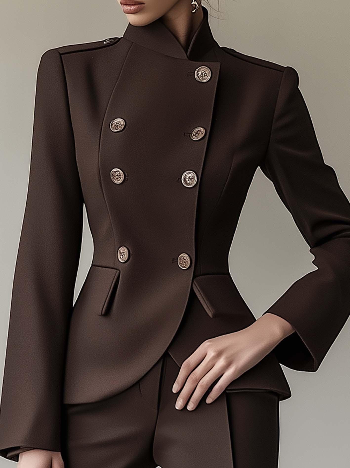 Dark Brown Blazer With Curved Placket And Buttons