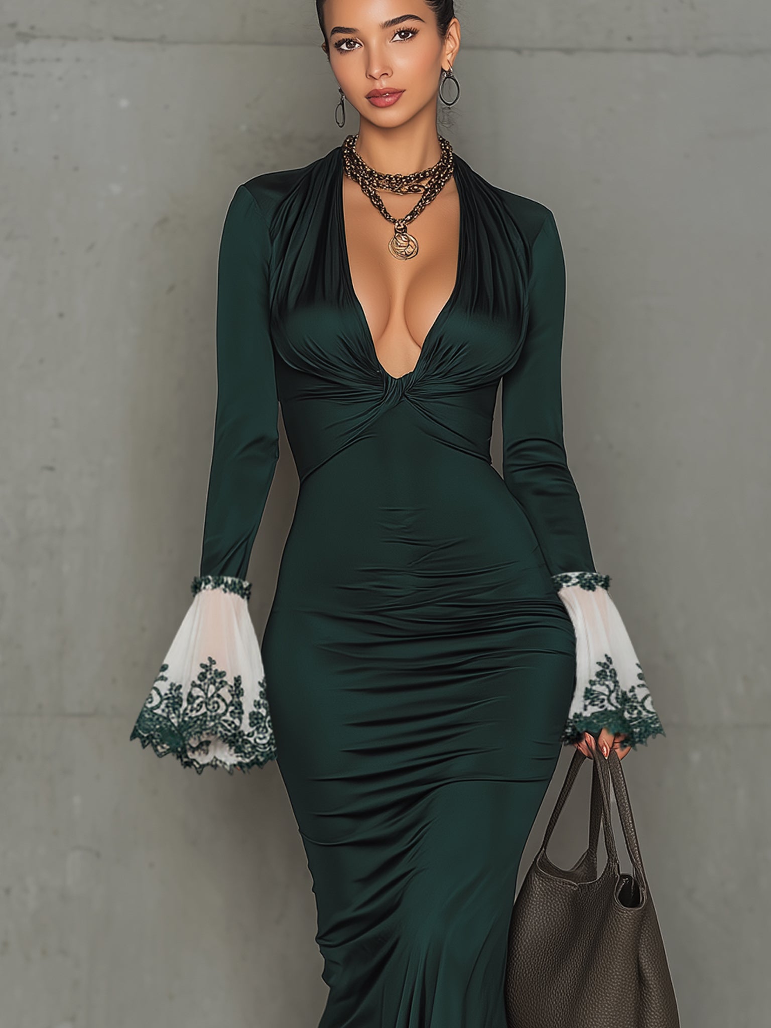 Emerald Satin Embroidered Cuff Long Sleeve Maxi Dress