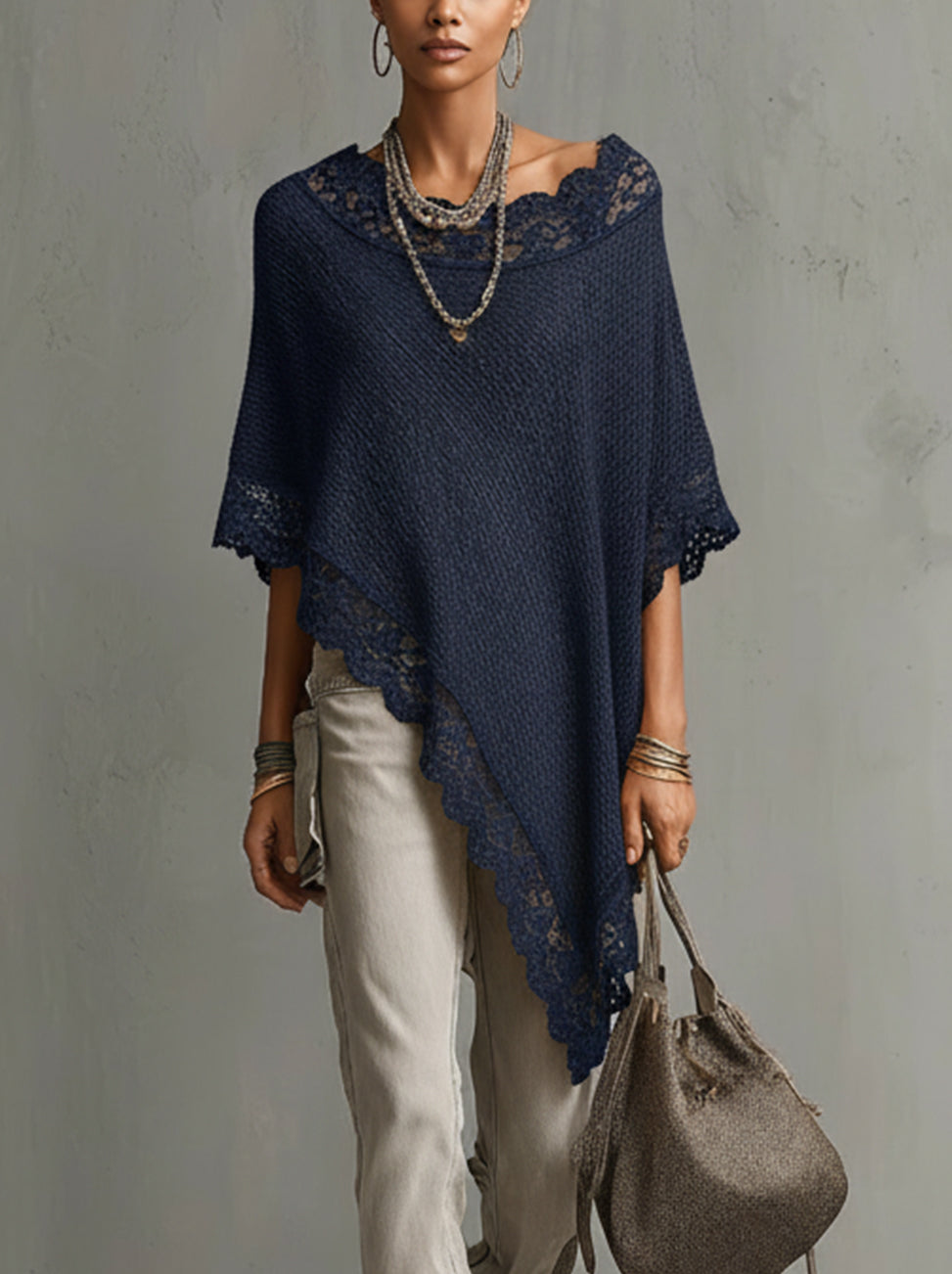 Navy Blue Lace-Trim Asymmetrical Knit Sweater
