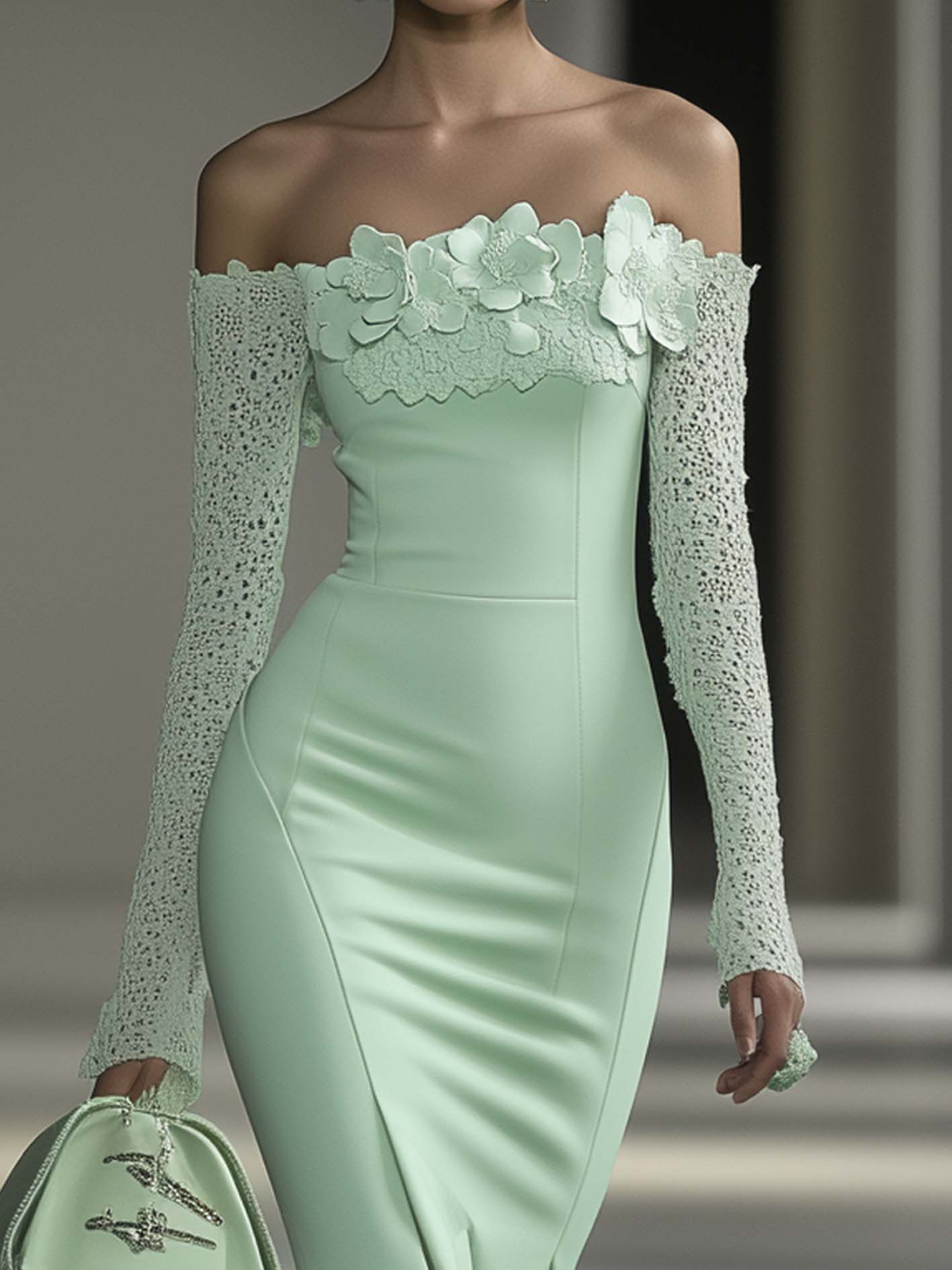 Off Shoulder Mint Green Midi Bodycon Dress With Floral Patchwork