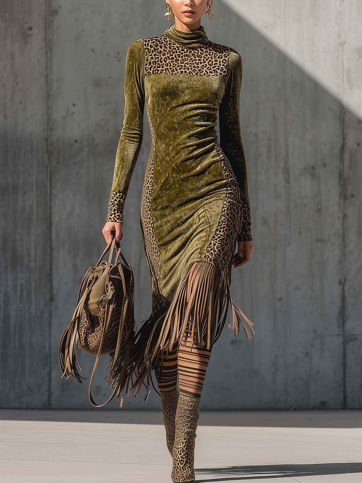 Olive Green Velvet Leopard Patchwork Fringe Bodycon Dress