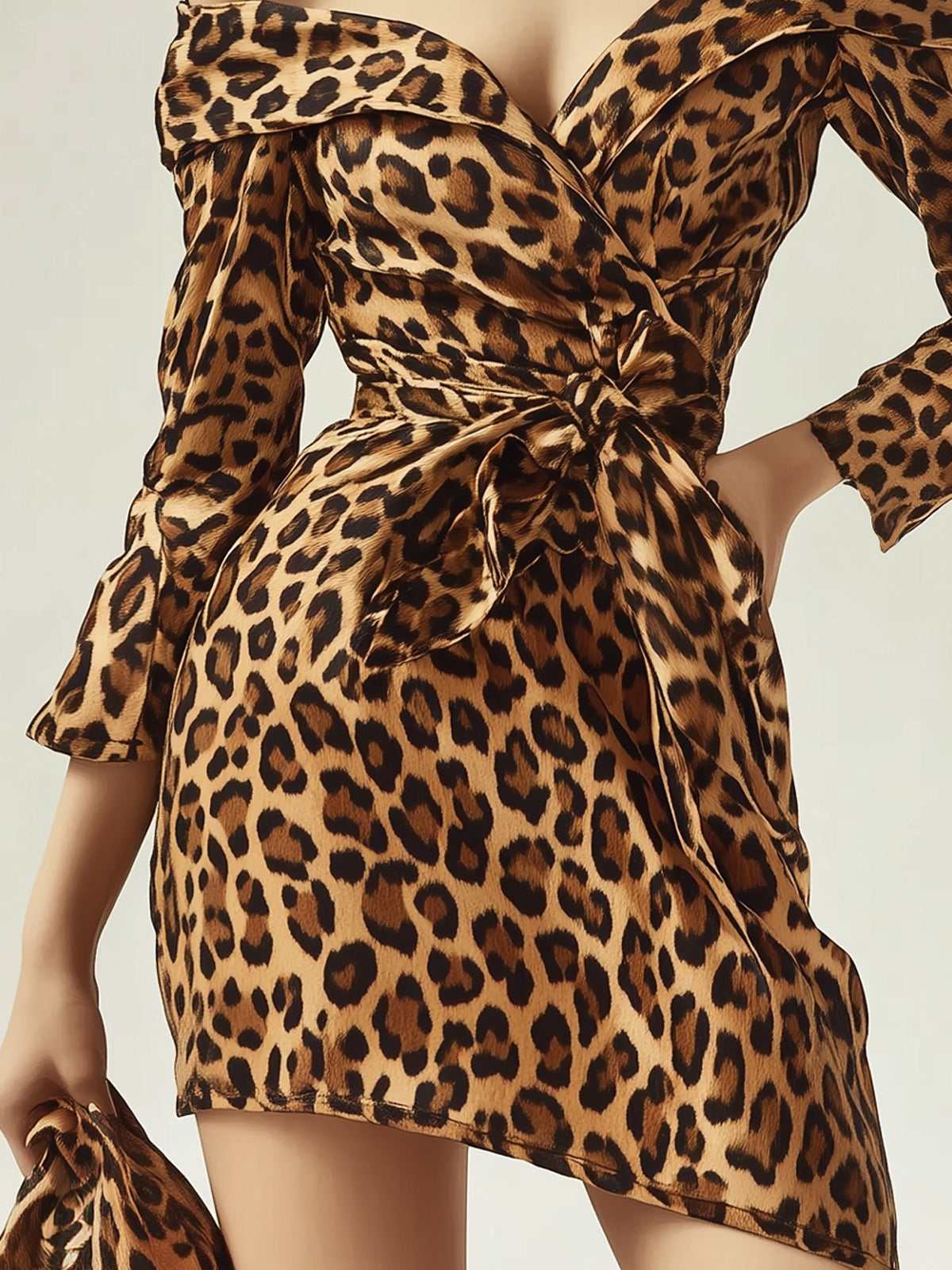 Brown Leopard Satin Wrap Tie Off Shoulder Long Sleeve Mini Dress
